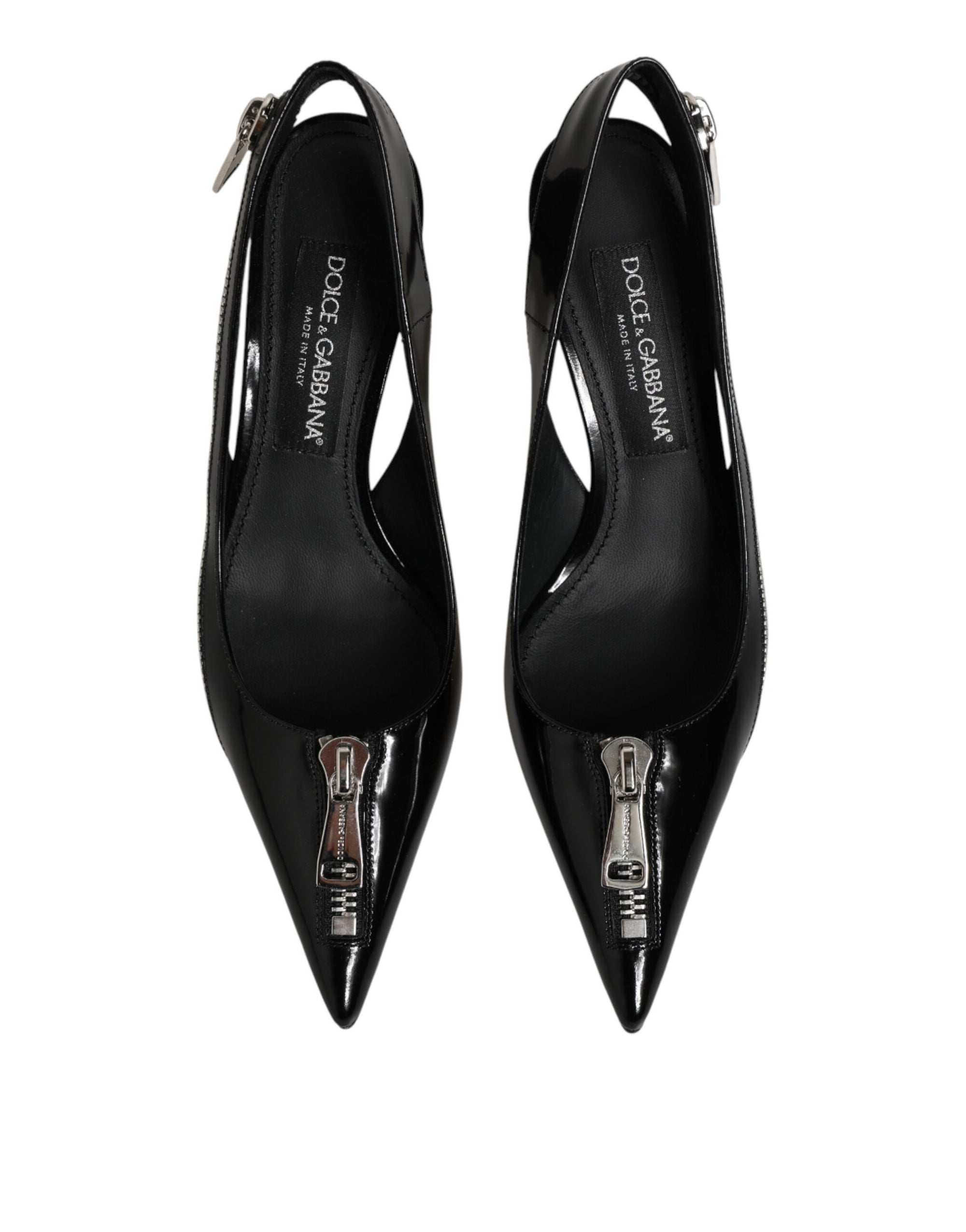 Dolce &amp; Gabbana Black Zipper Leather Heels Slingbacks Shoes