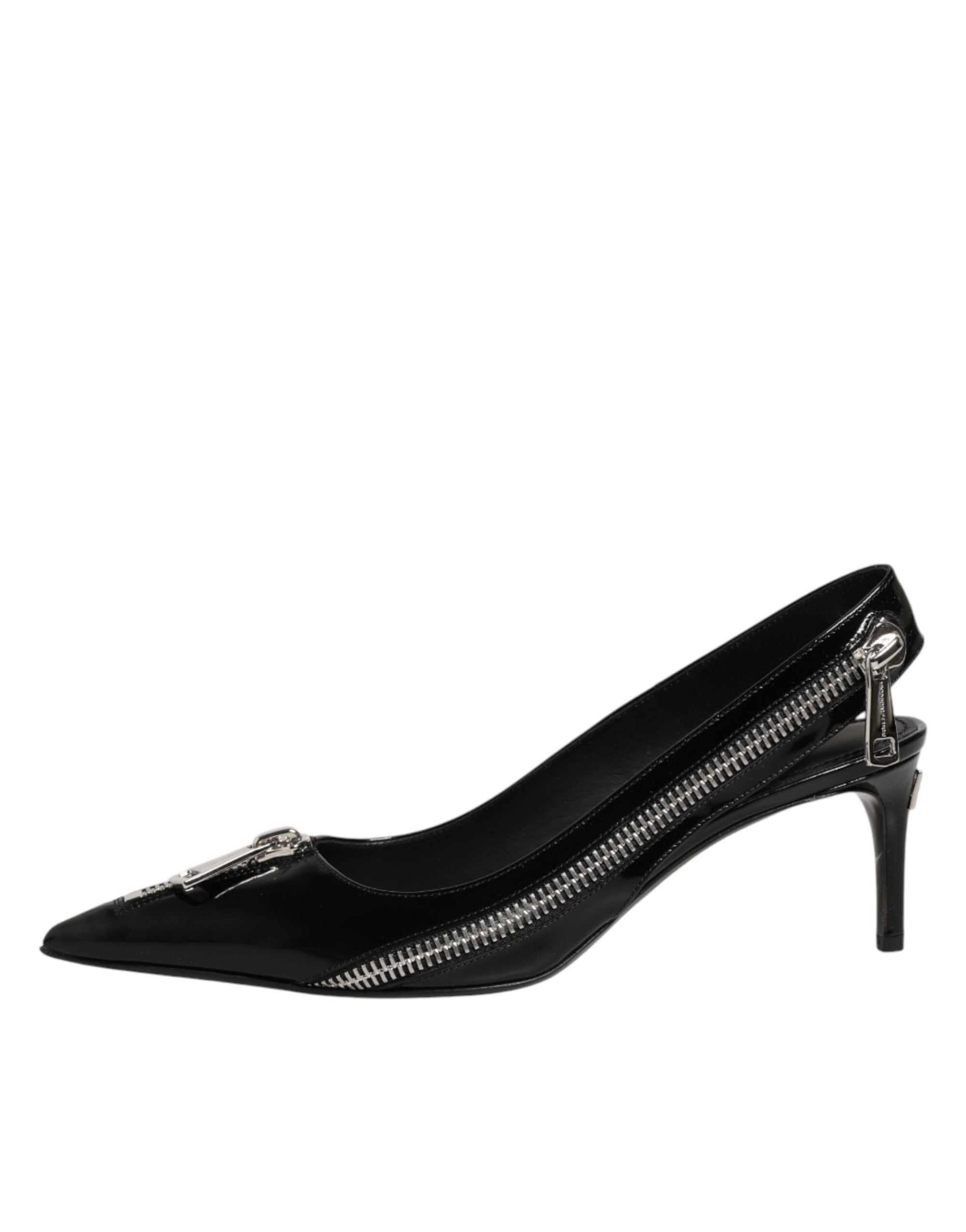 Dolce &amp; Gabbana Black Zipper Leather Heels Slingbacks Shoes