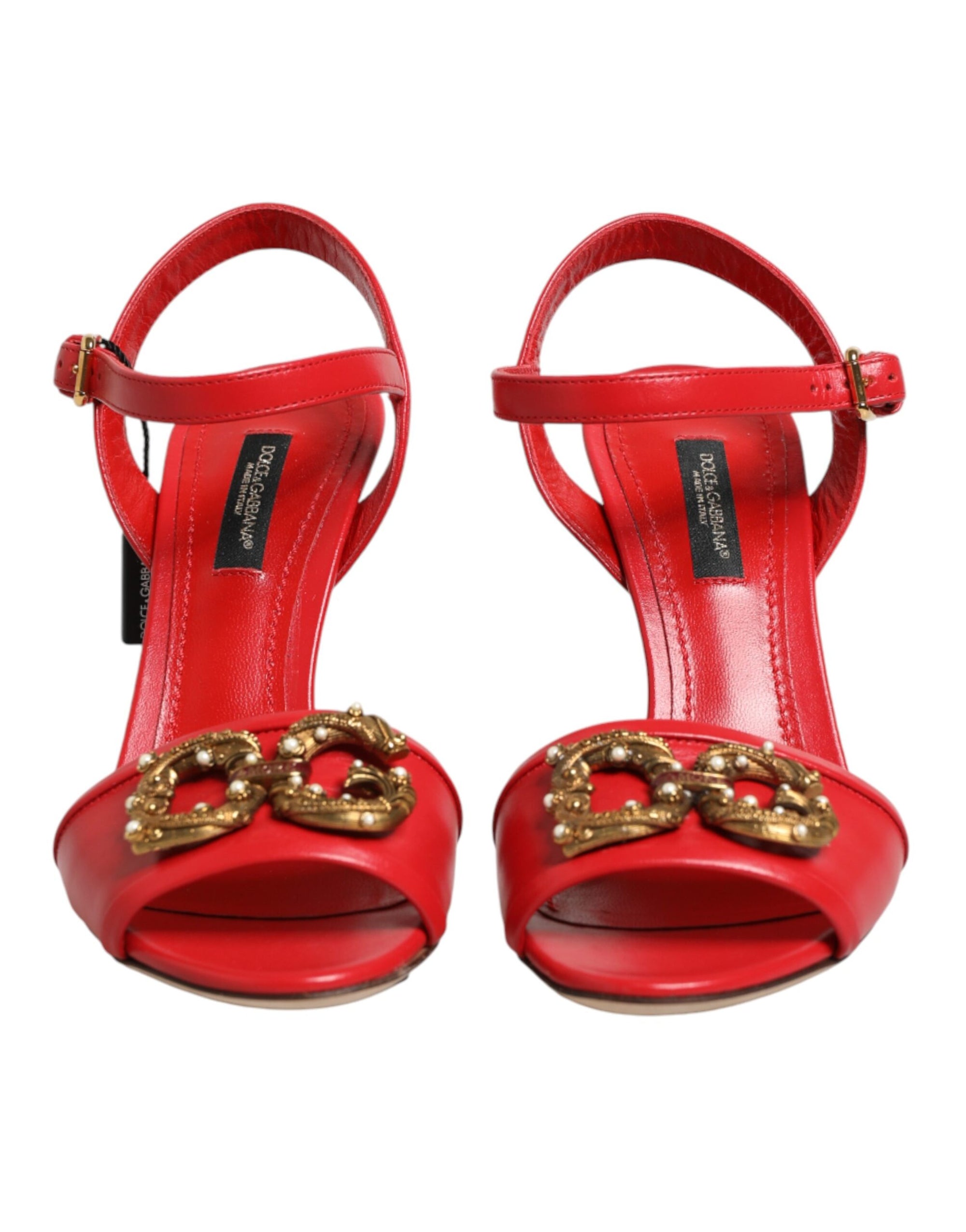 Dolce &amp; Gabbana Red Leather DG AMORE Heels Sandals Shoes