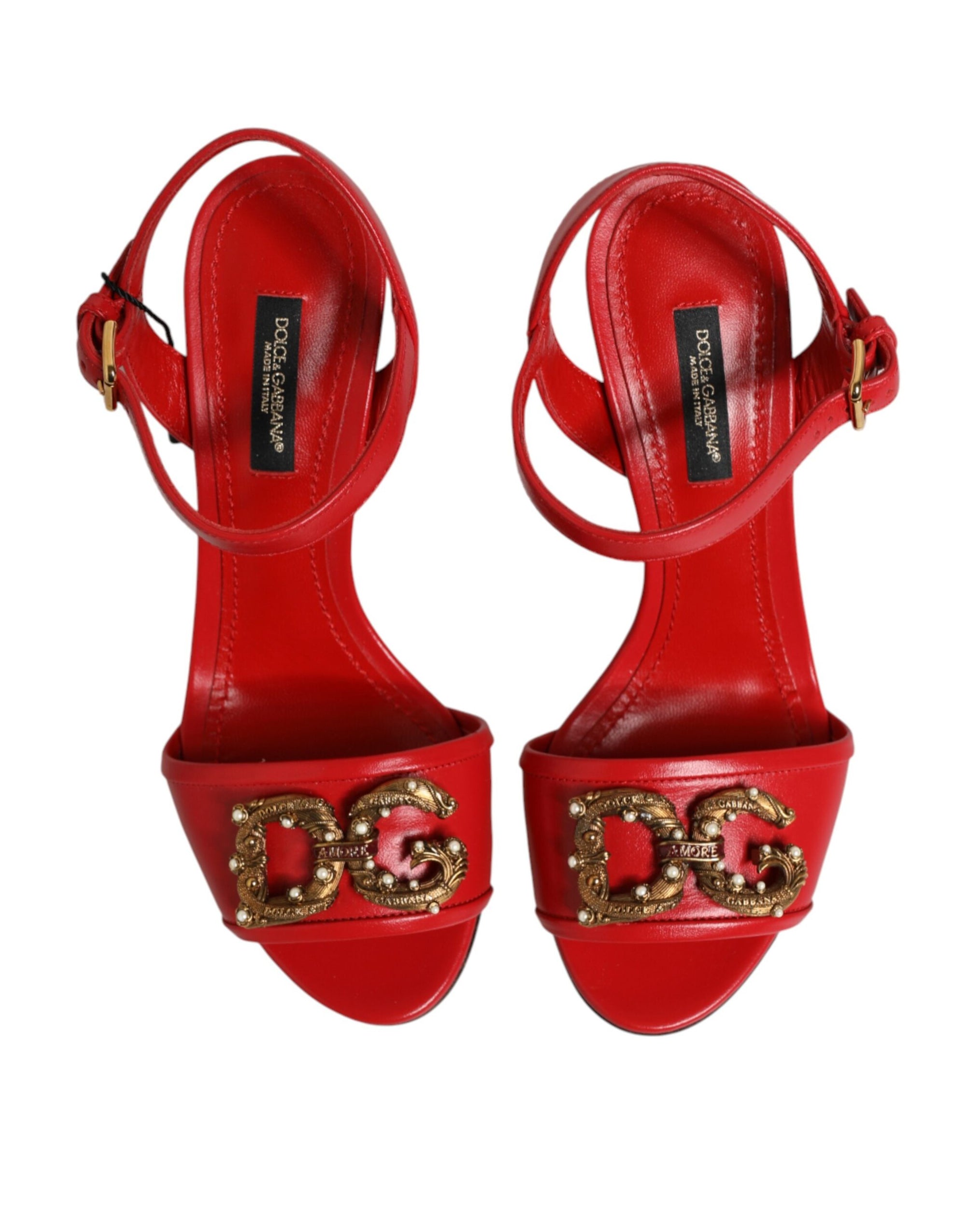 Dolce &amp; Gabbana Red Leather DG AMORE Heels Sandals Shoes