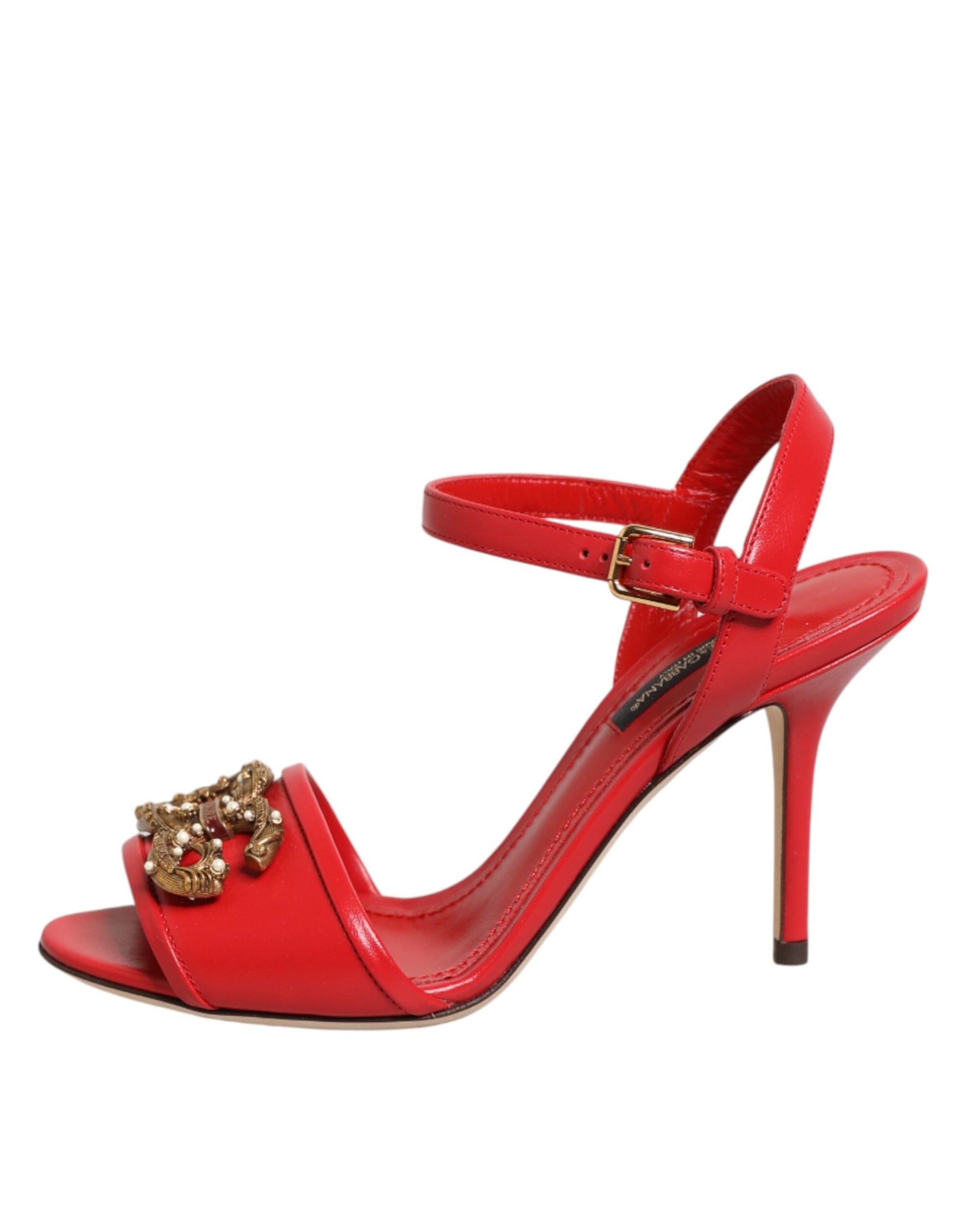 Dolce &amp; Gabbana Red Leather DG AMORE Heels Sandals Shoes