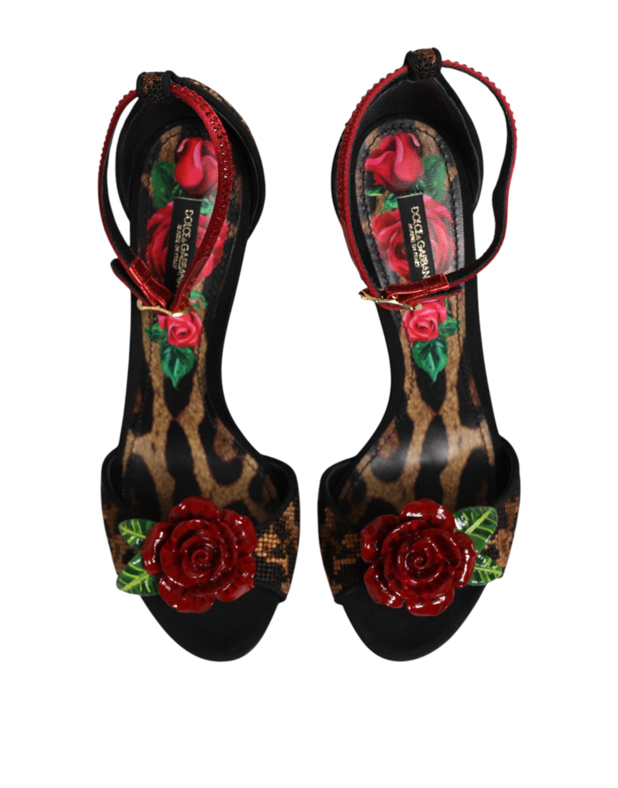 Dolce &amp; Gabbana Brown Leopard Crystal Roses Sandals Shoes