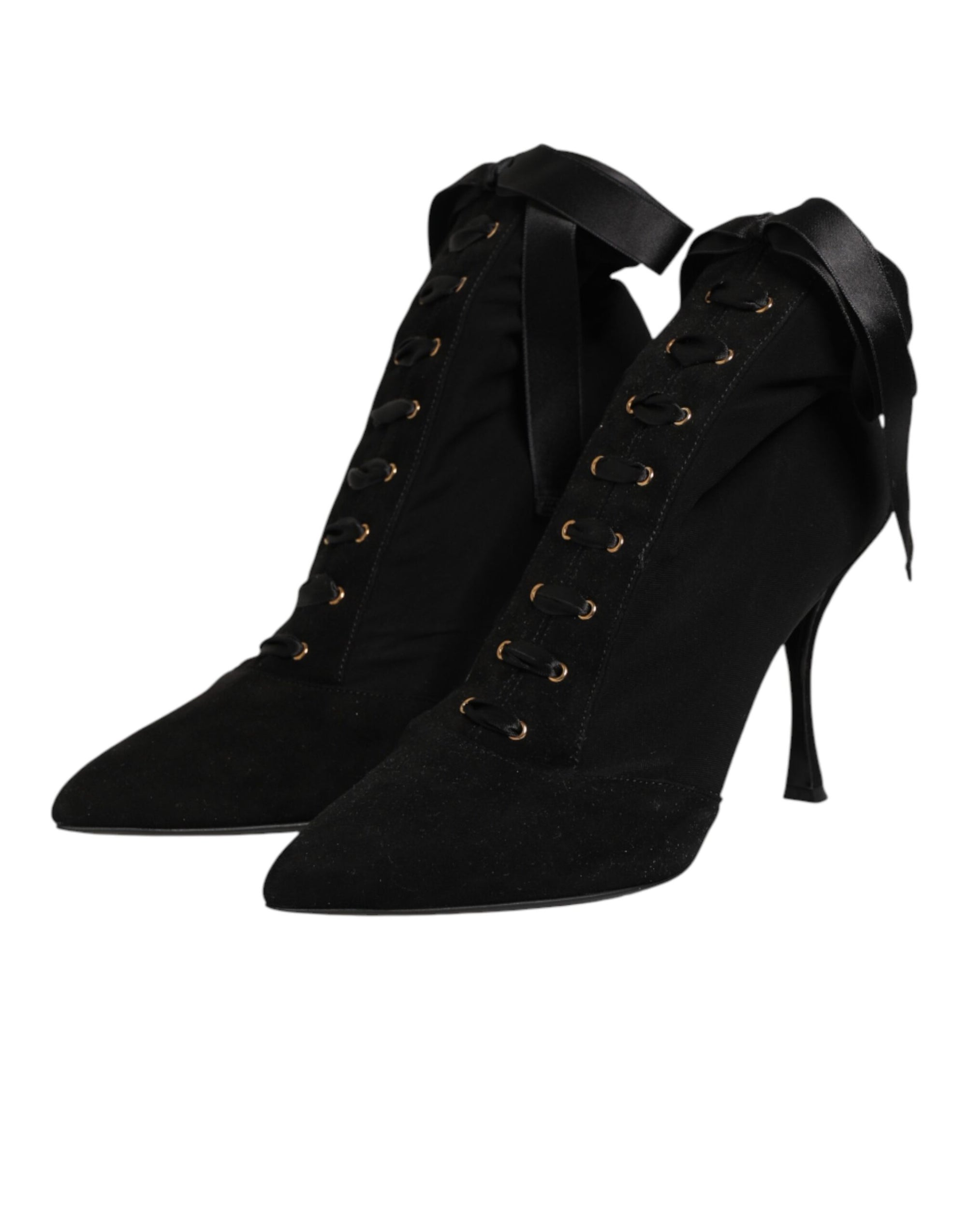 Dolce &amp; Gabbana Black Stiletto Heels Lace Up Boots Shoes