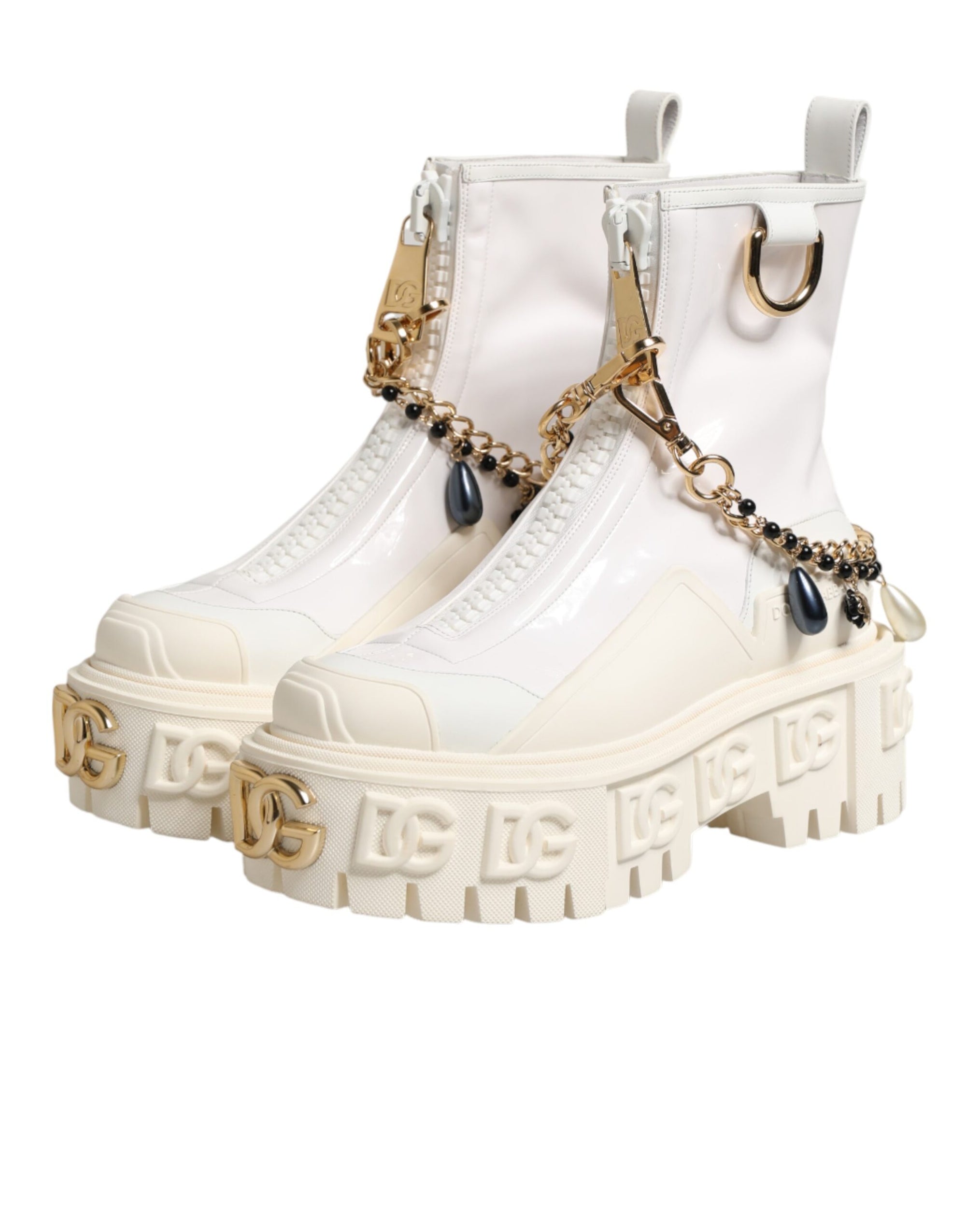 Dolce &amp; Gabbana White Leather Rubber Logo Ankle Boots Shoes