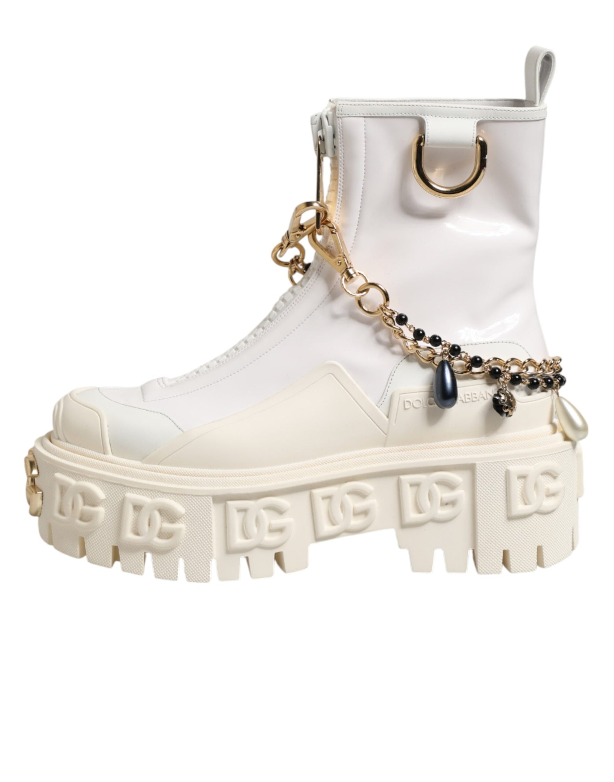 Dolce &amp; Gabbana White Leather Rubber Logo Ankle Boots Shoes
