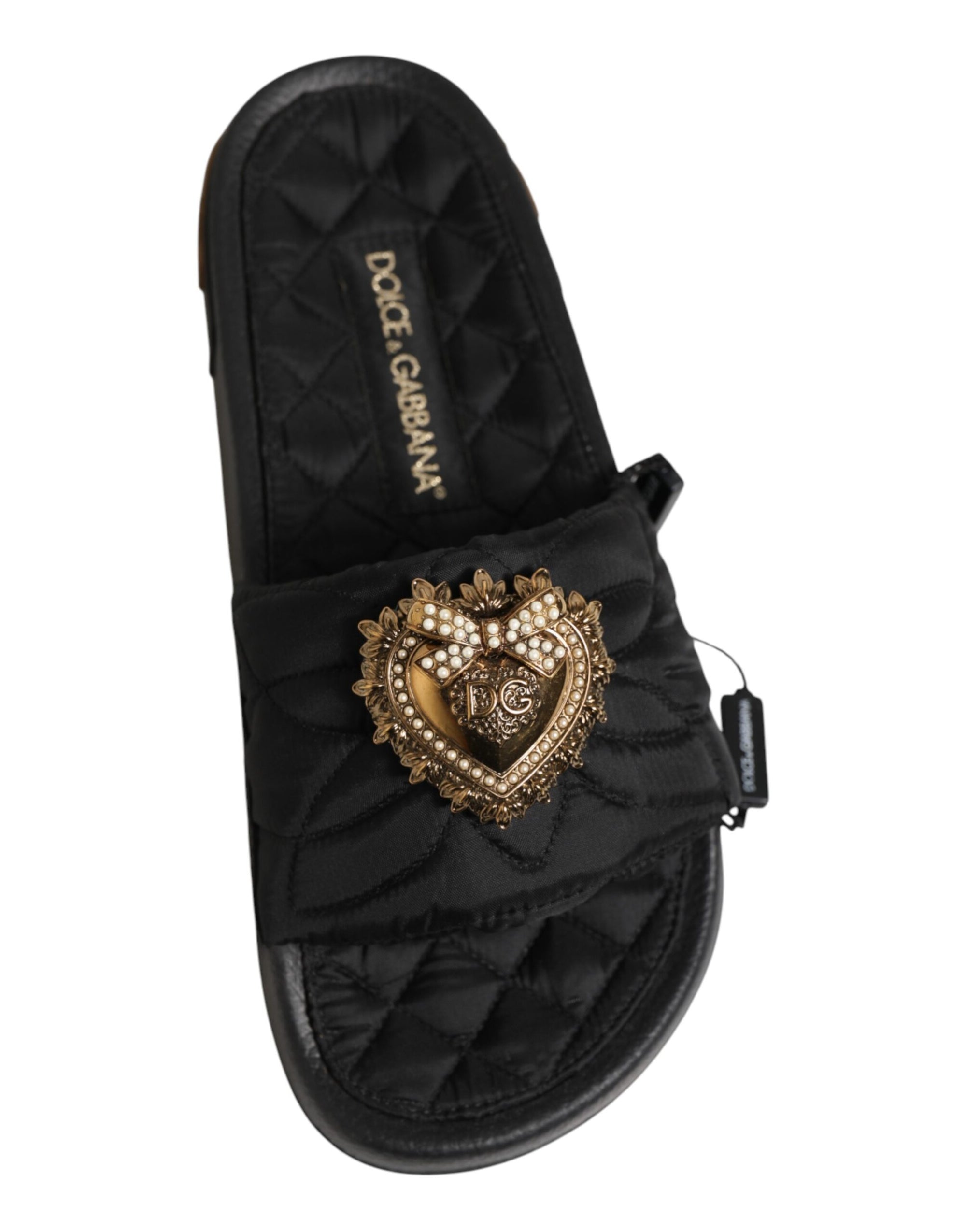 Dolce &amp; Gabbana Black Devotion Matelassé Leather Slides Shoes