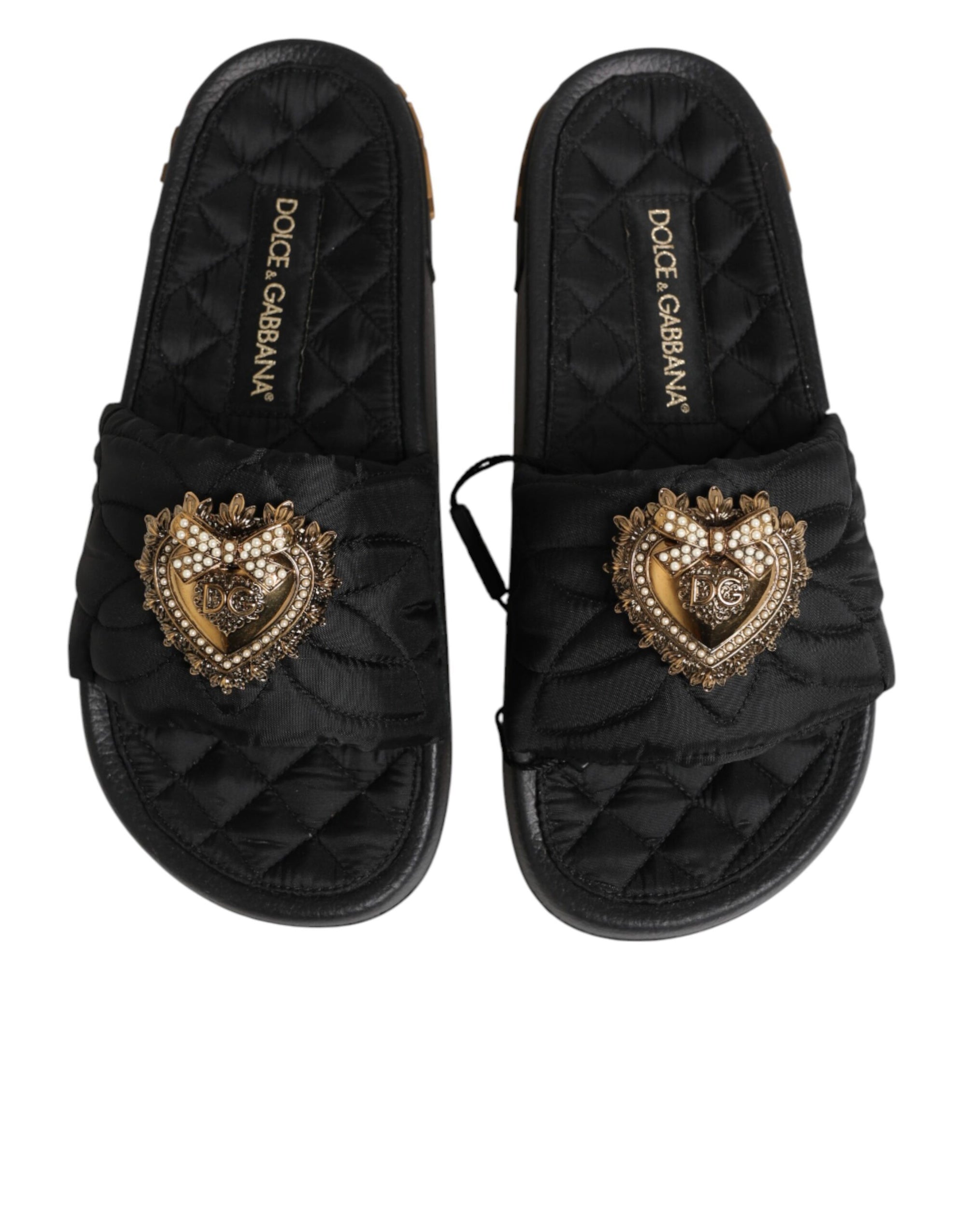 Dolce &amp; Gabbana Black Devotion Matelassé Leather Slides Shoes