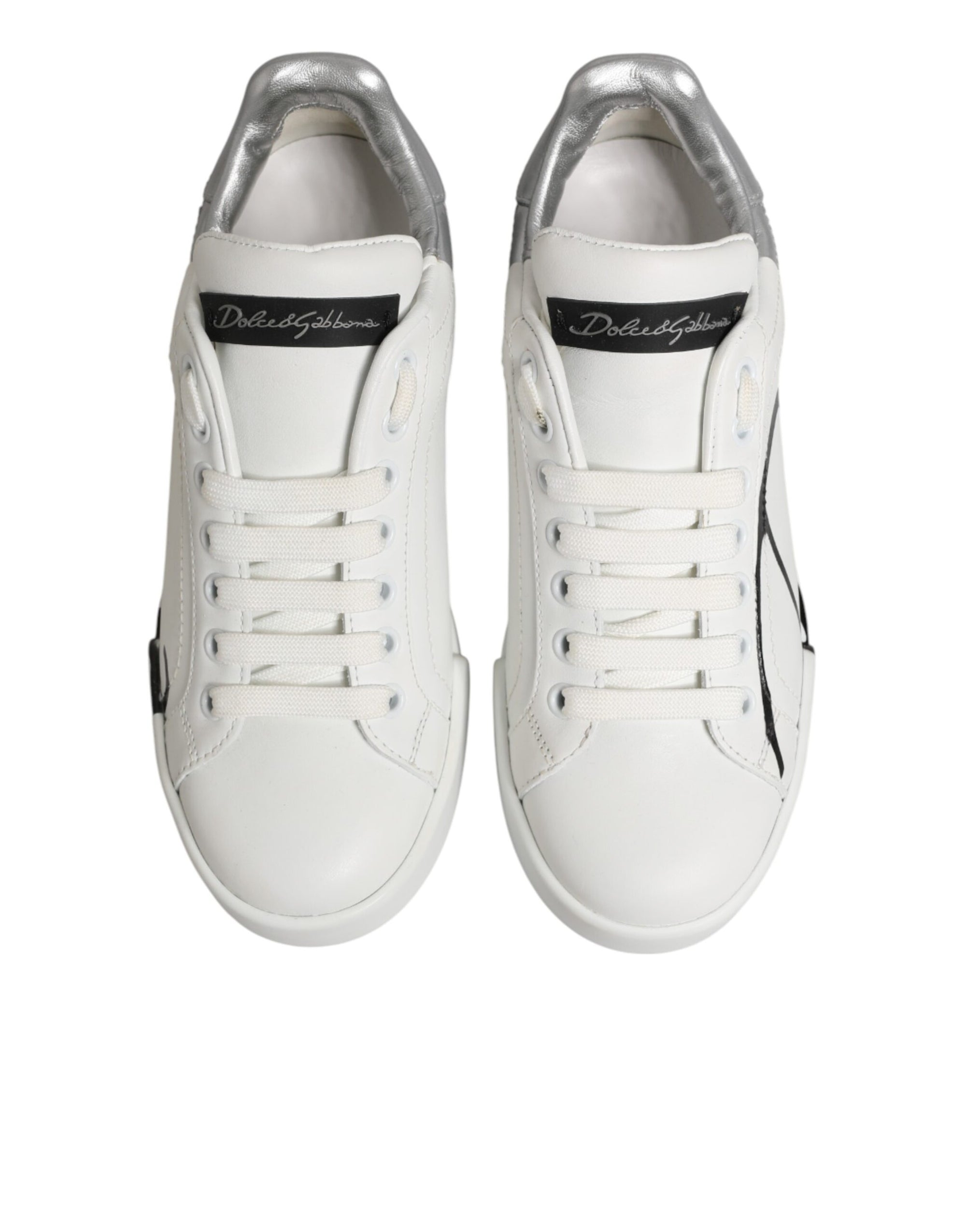 Dolce &amp; Gabbana White Gray Low Top Leather Sneaker Shoes