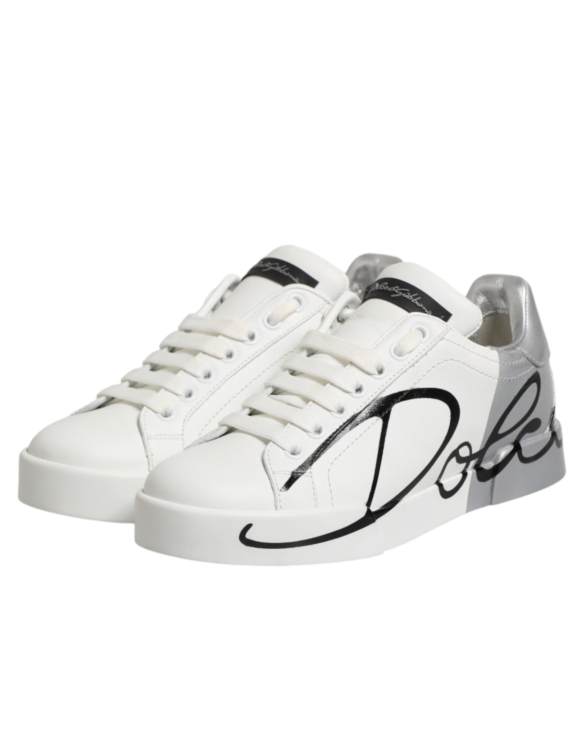Dolce &amp; Gabbana White Gray Low Top Leather Sneaker Shoes