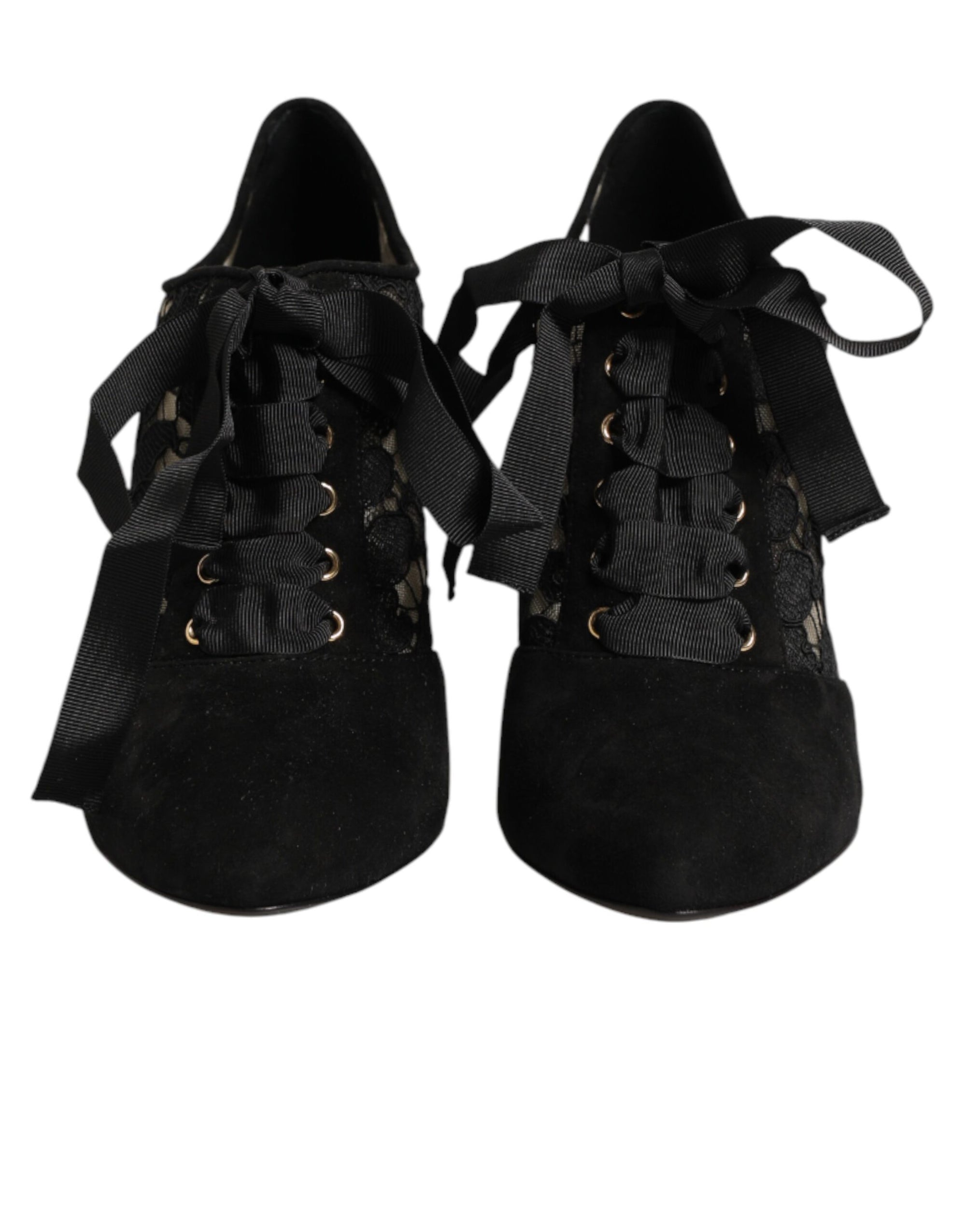 Dolce &amp; Gabbana Black Floral High Heels LACE-UPS Pumps Shoes