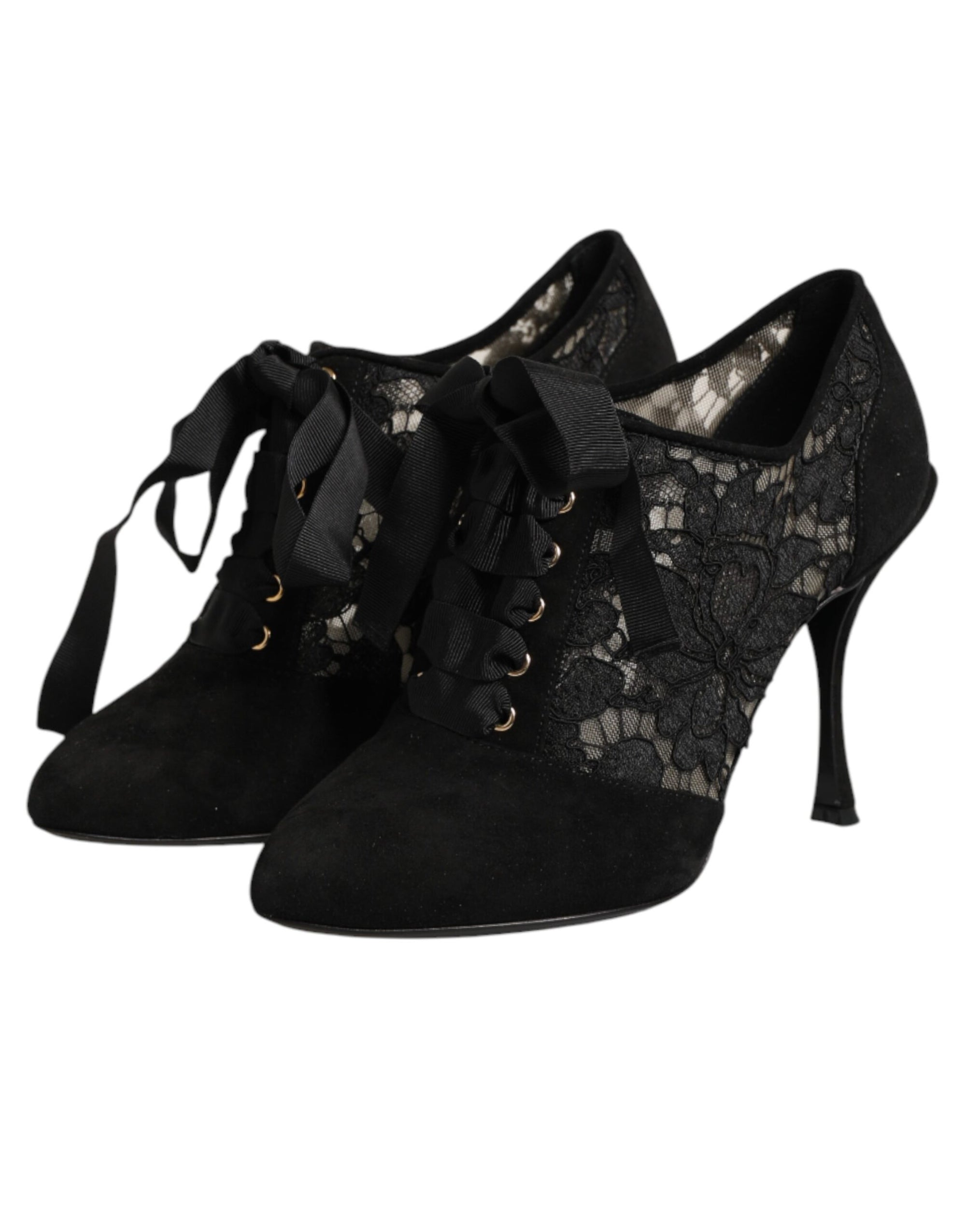 Dolce &amp; Gabbana Black Floral High Heels LACE-UPS Pumps Shoes