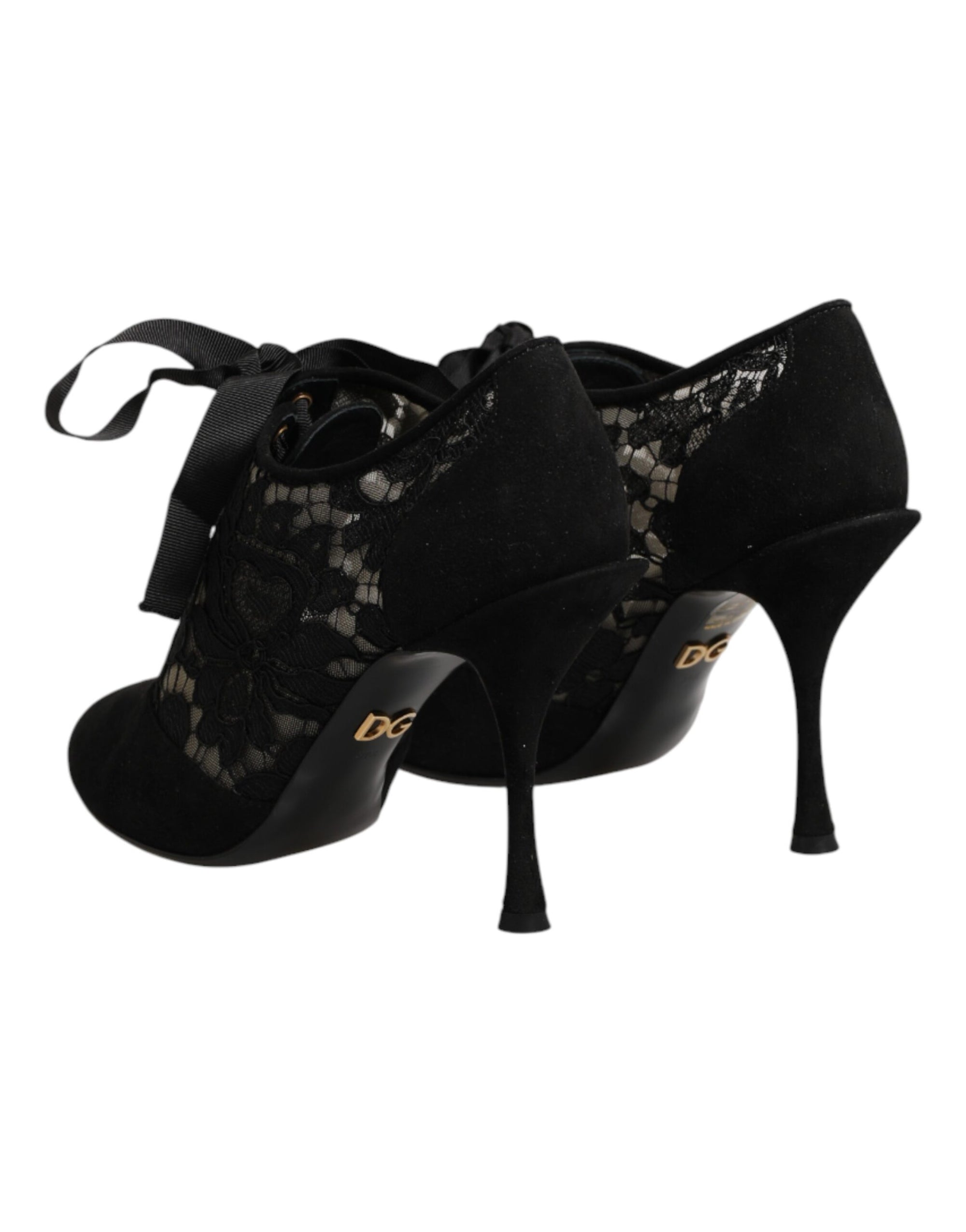 Dolce &amp; Gabbana Black Floral High Heels LACE-UPS Pumps Shoes