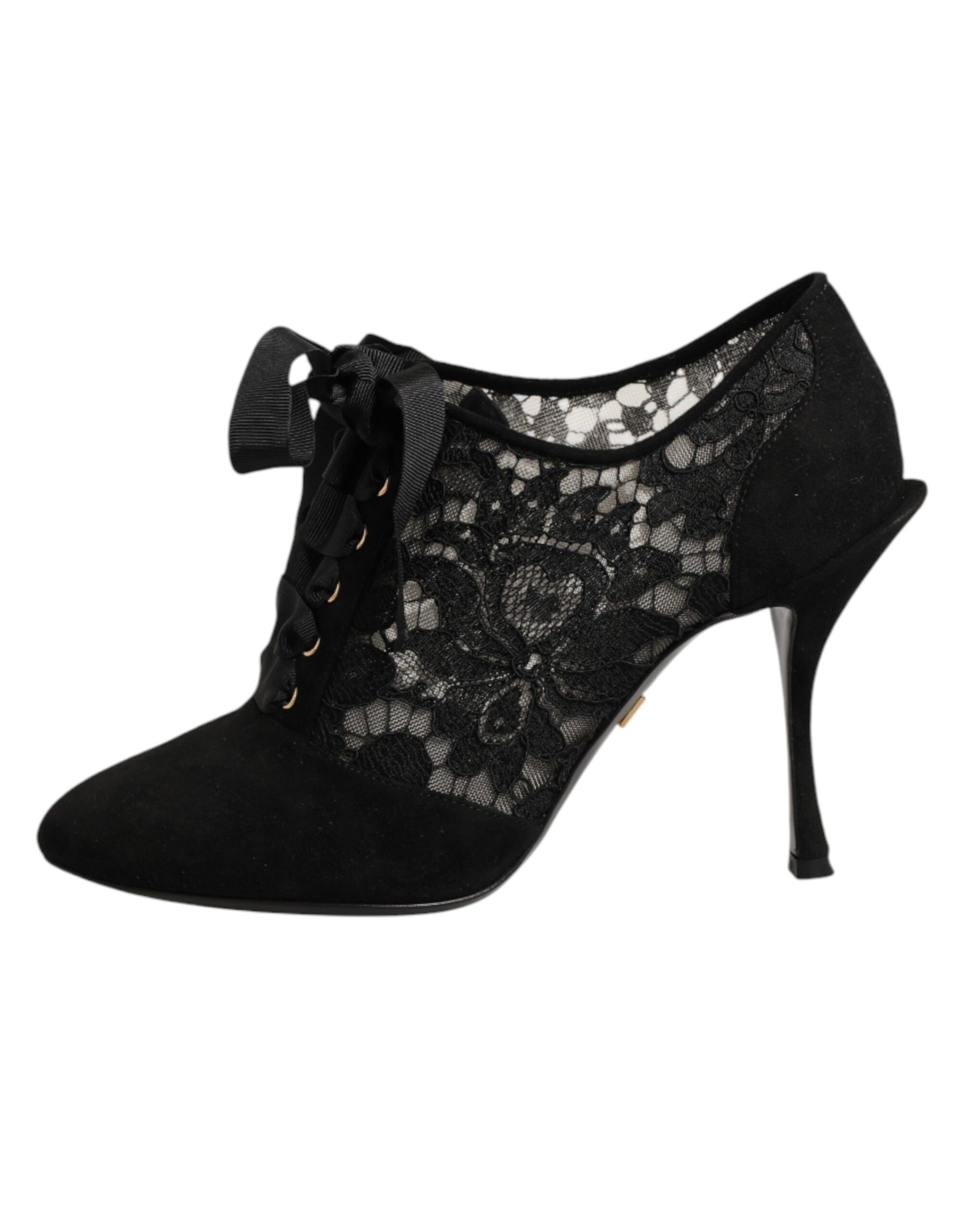 Dolce &amp; Gabbana Black Floral High Heels LACE-UPS Pumps Shoes