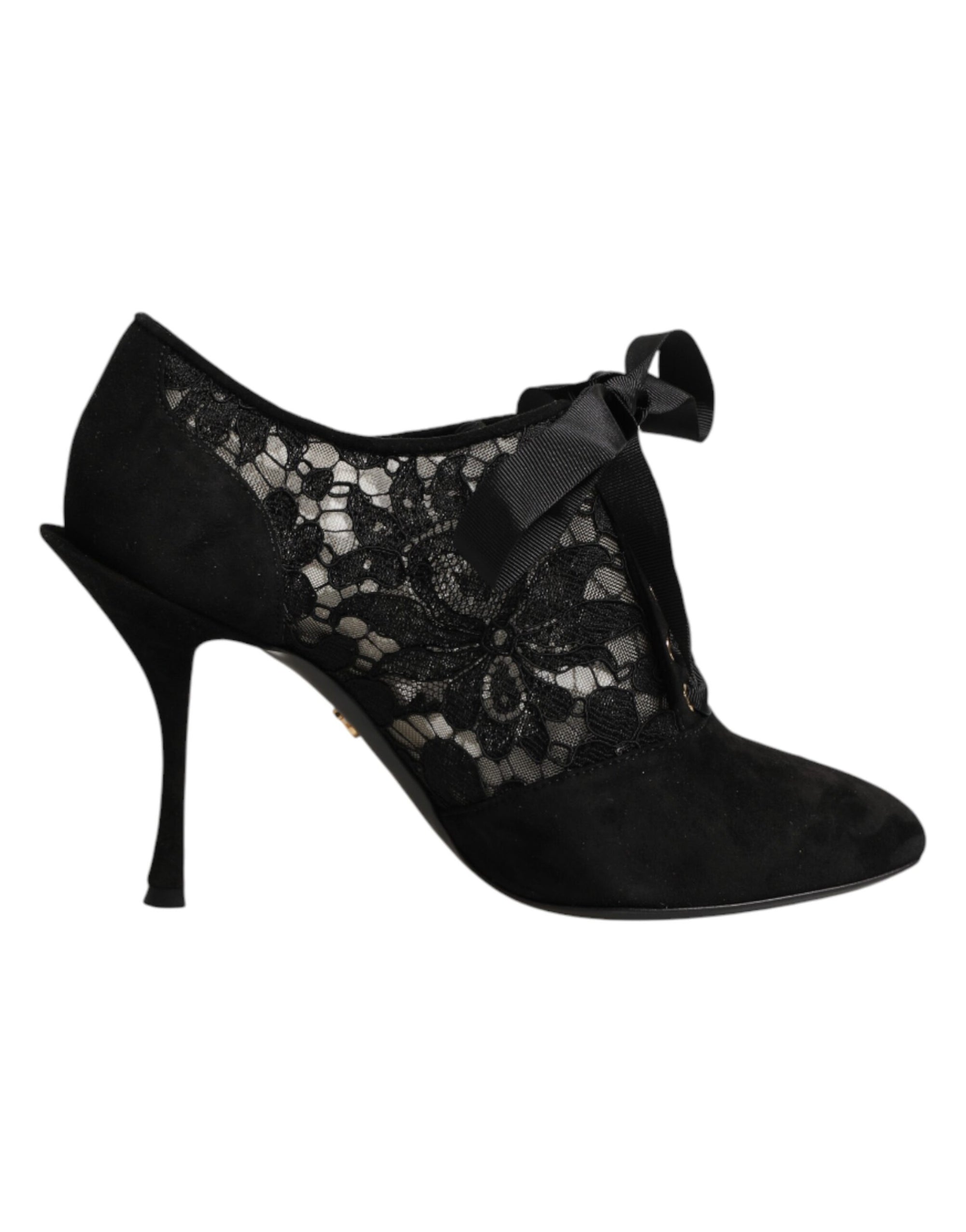 Dolce &amp; Gabbana Black Floral High Heels LACE-UPS Pumps Shoes
