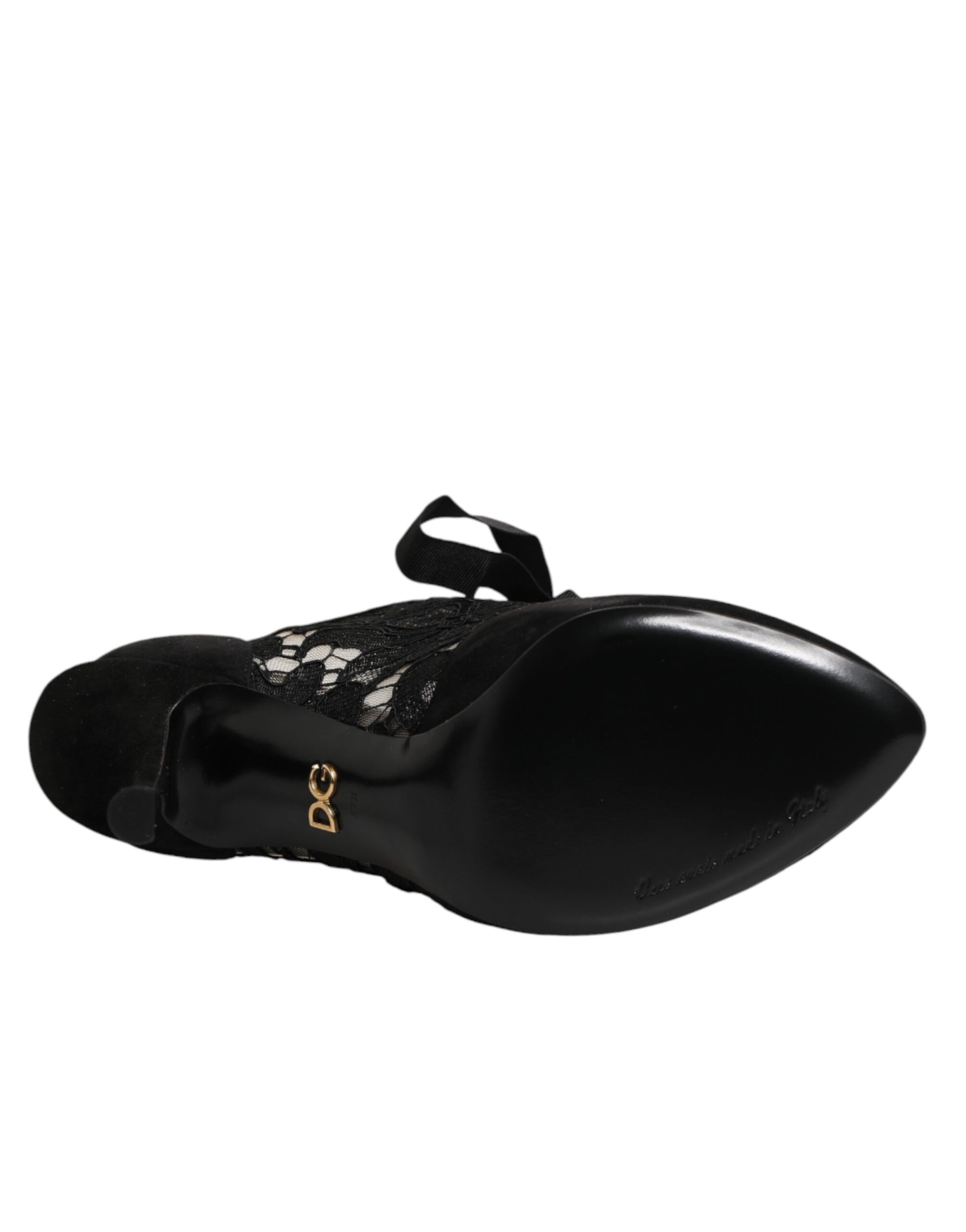Dolce &amp; Gabbana Black Floral High Heels LACE-UPS Pumps Shoes
