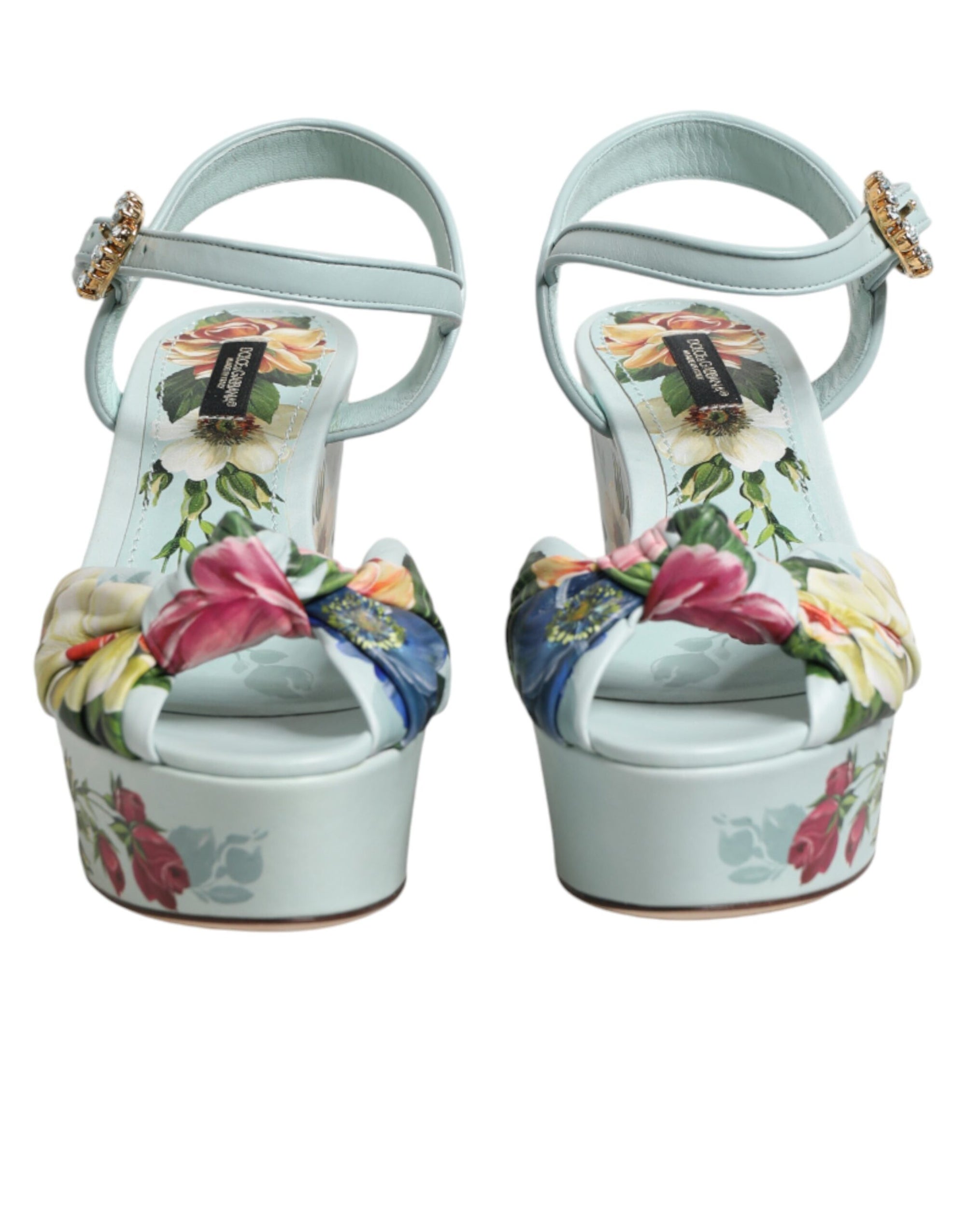 Dolce &amp; Gabbana Green Floral Ankle Strap Wedge Sandals Shoes