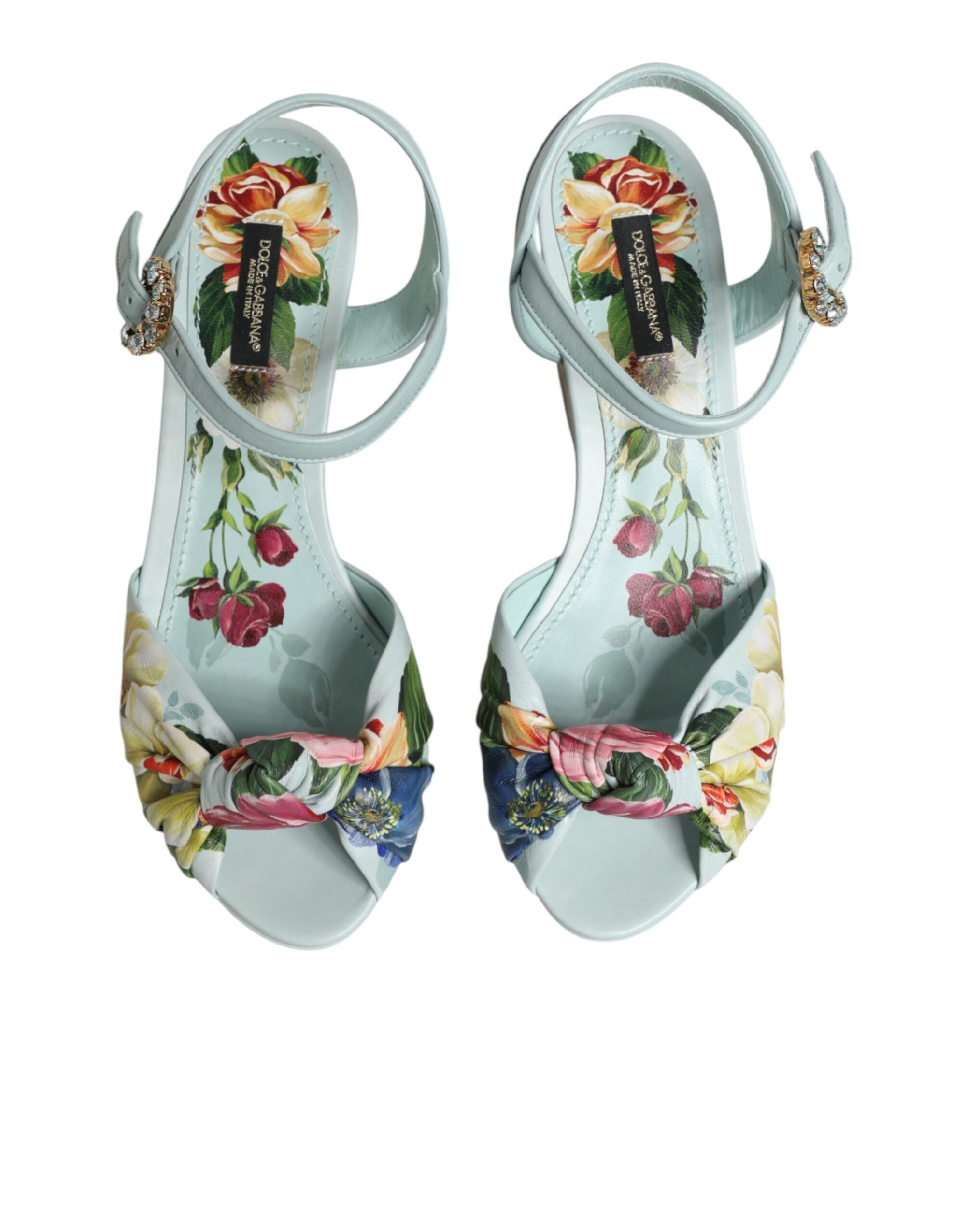 Dolce &amp; Gabbana Green Floral Ankle Strap Wedge Sandals Shoes