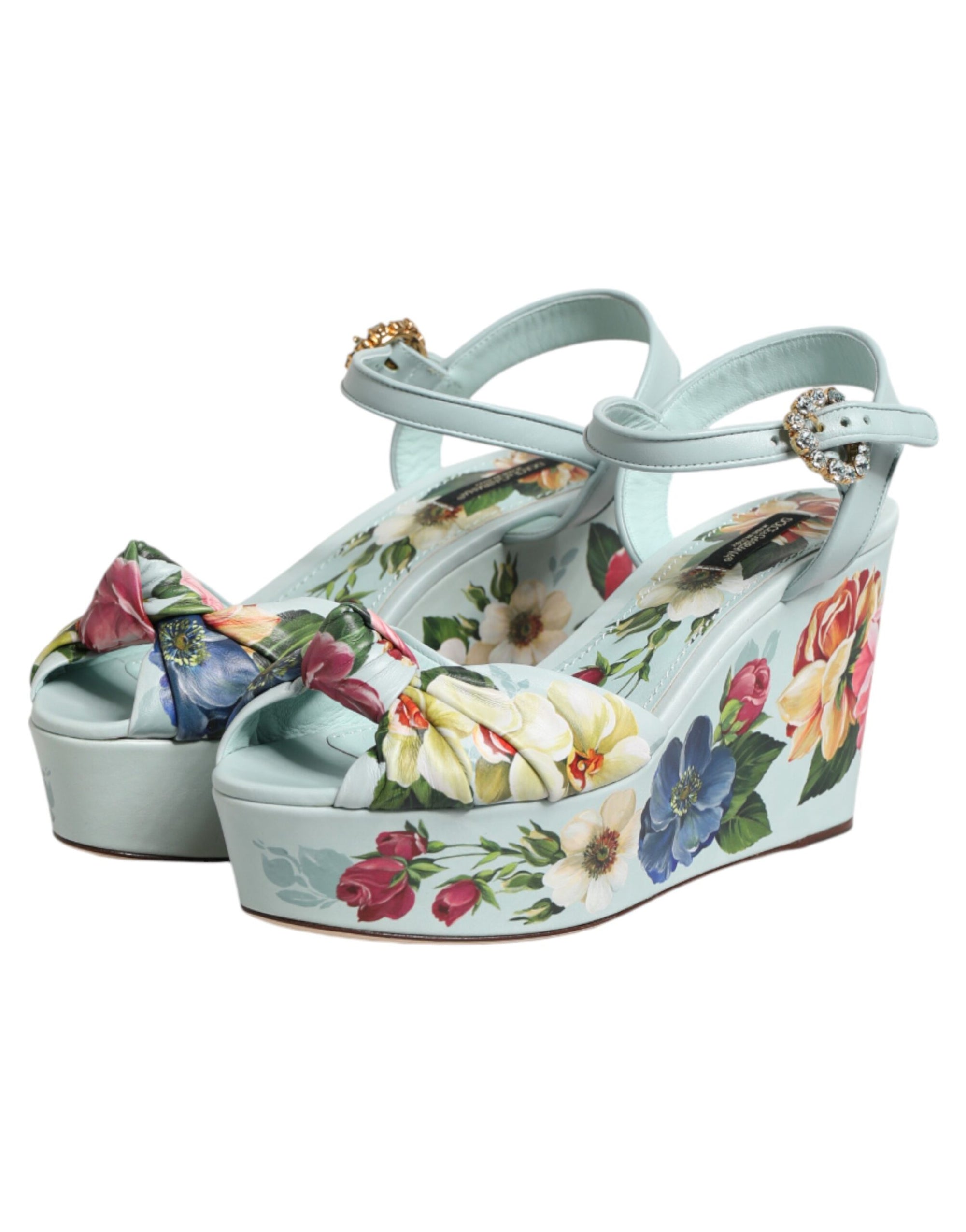Dolce &amp; Gabbana Green Floral Ankle Strap Wedge Sandals Shoes