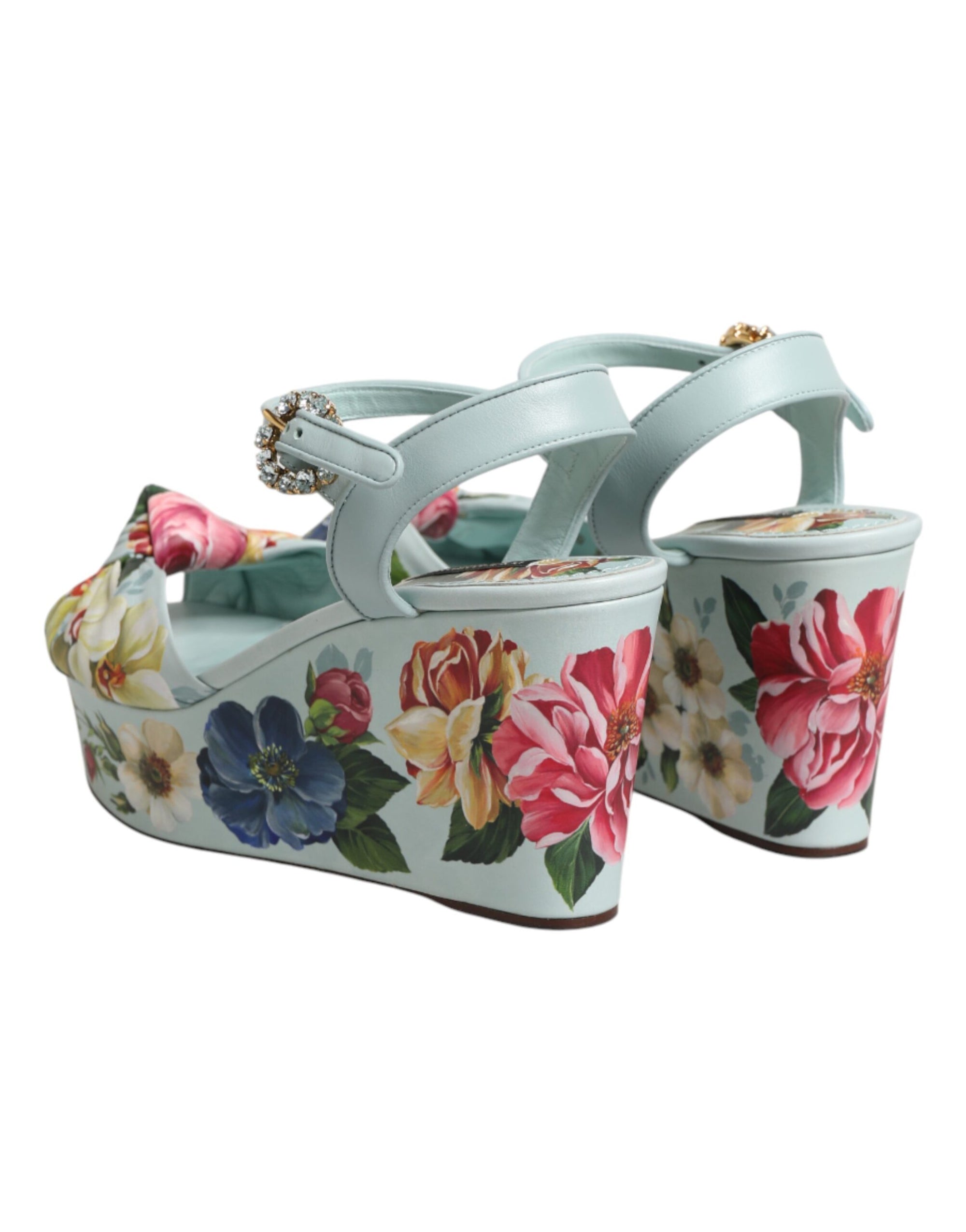 Dolce &amp; Gabbana Green Floral Ankle Strap Wedge Sandals Shoes