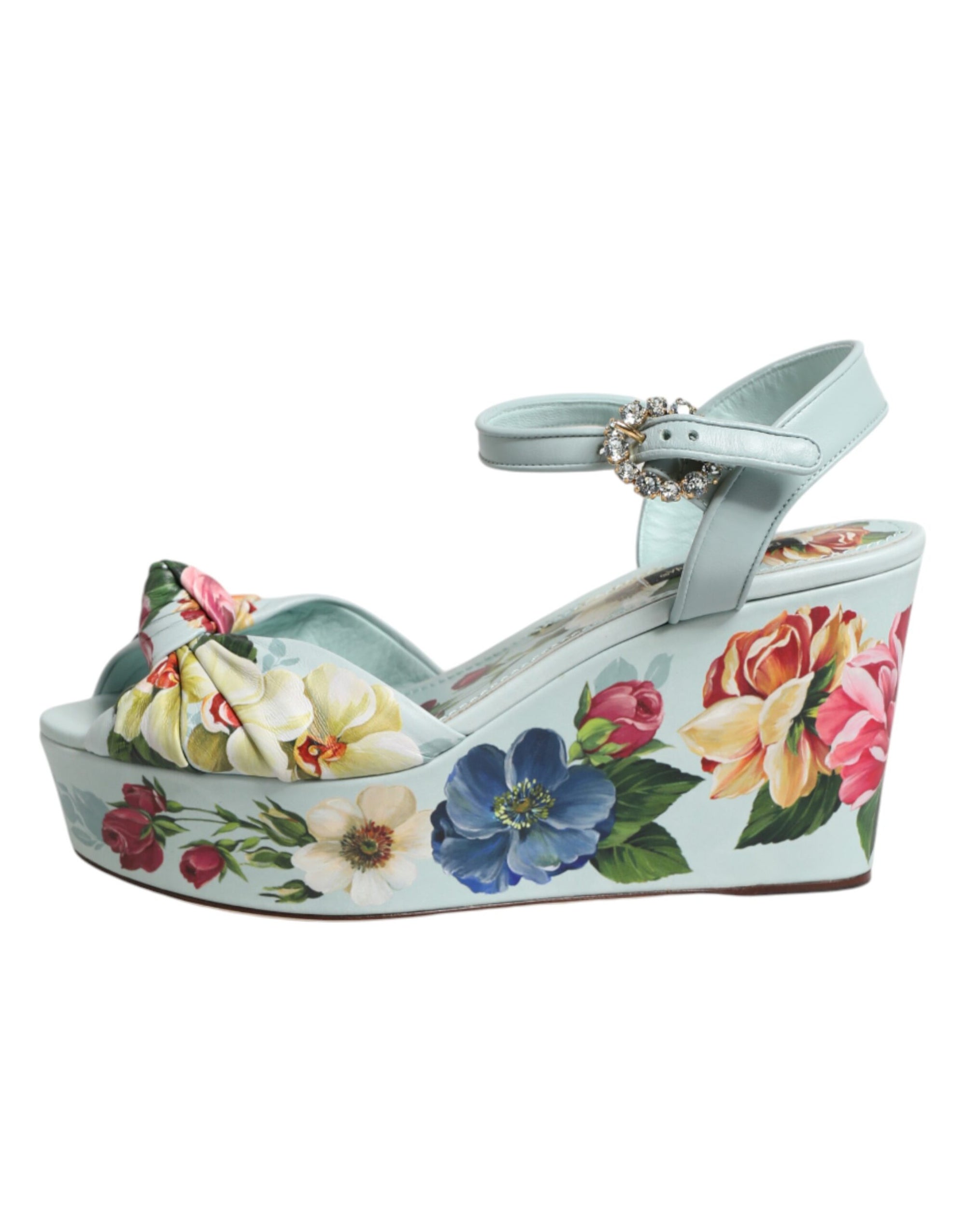 Dolce &amp; Gabbana Green Floral Ankle Strap Wedge Sandals Shoes