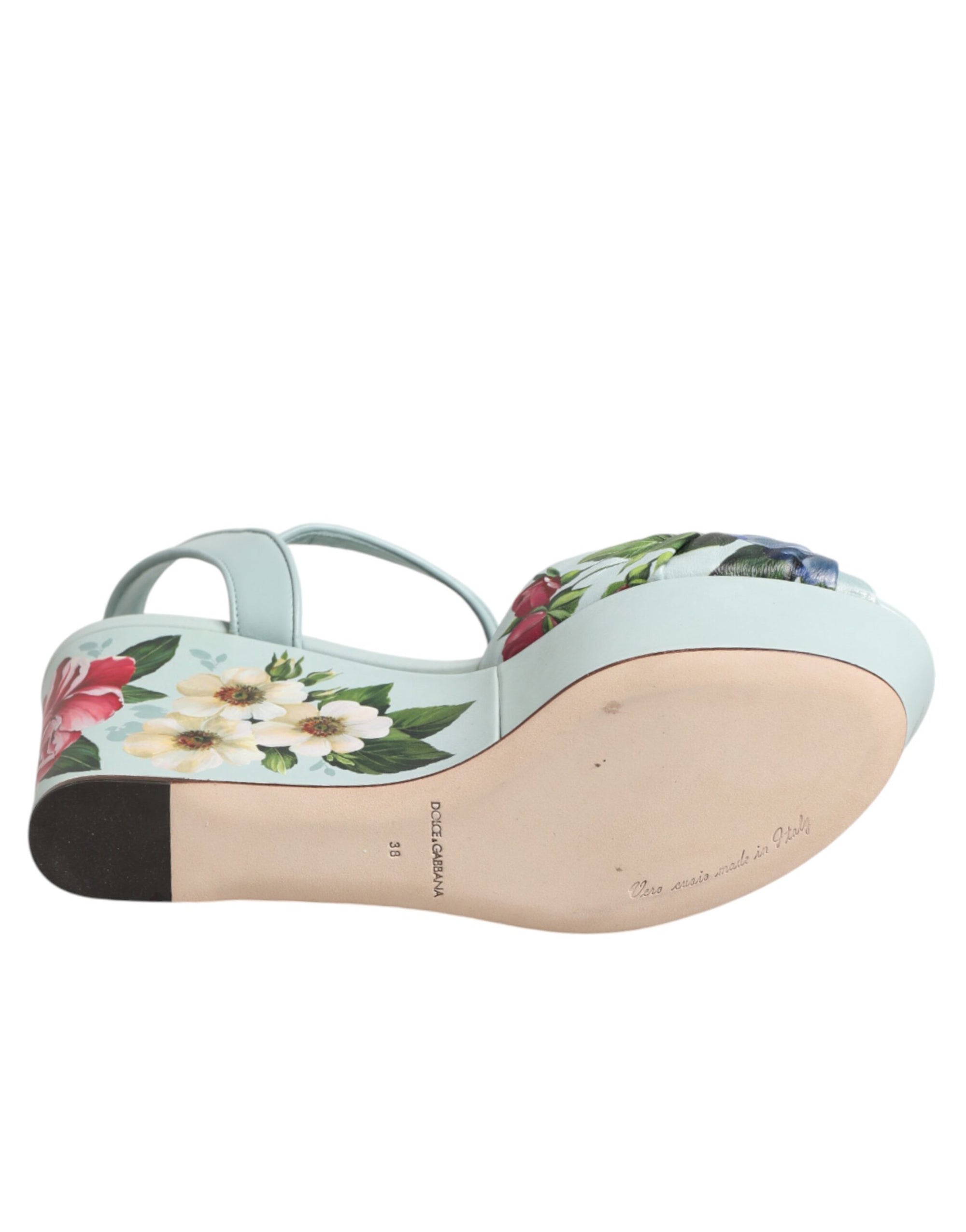 Dolce &amp; Gabbana Green Floral Ankle Strap Wedge Sandals Shoes