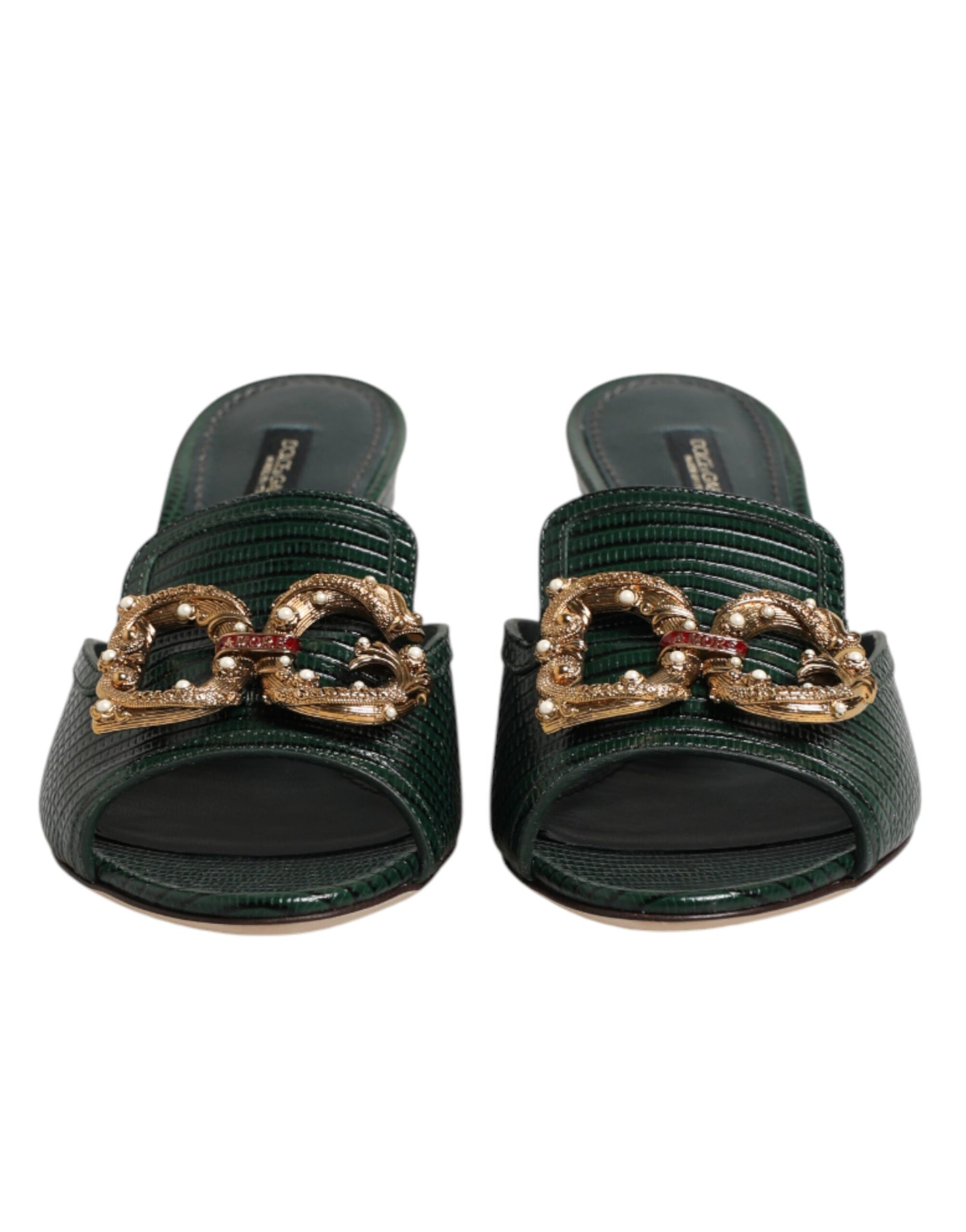 Dolce &amp; Gabbana Green DG Amore Heel Slides Sandals Shoes