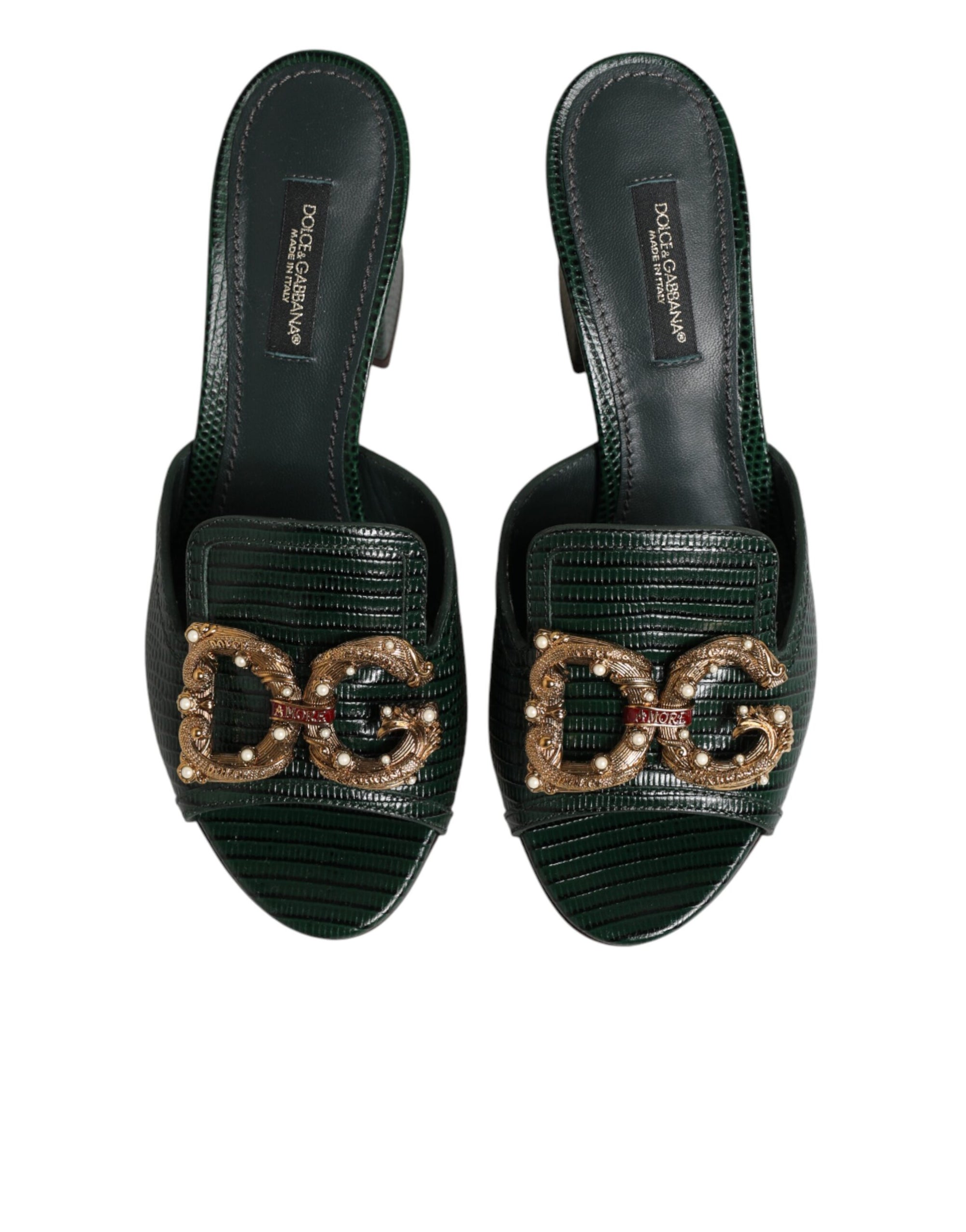 Dolce &amp; Gabbana Green DG Amore Heel Slides Sandals Shoes