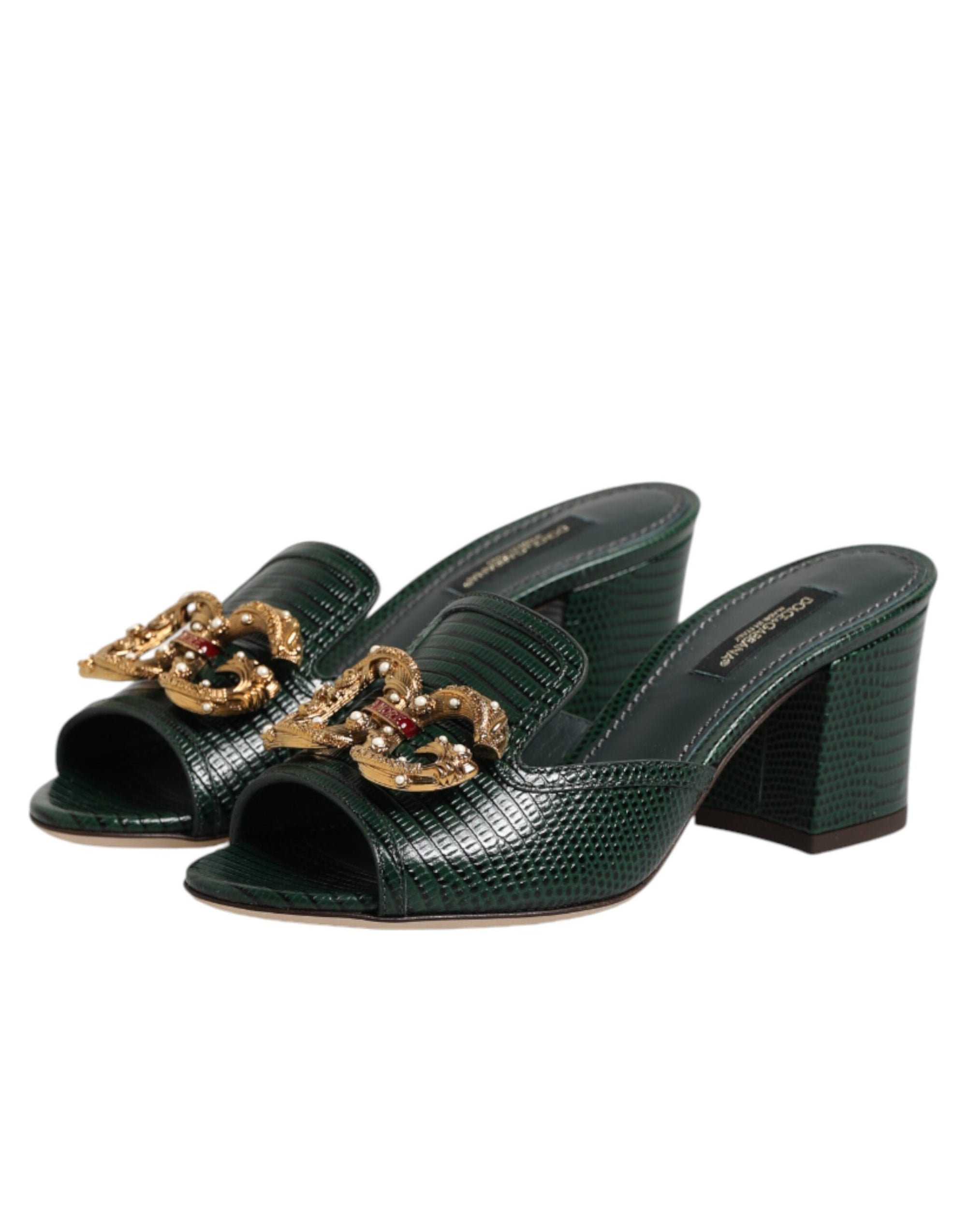 Dolce &amp; Gabbana Green DG Amore Heel Slides Sandals Shoes
