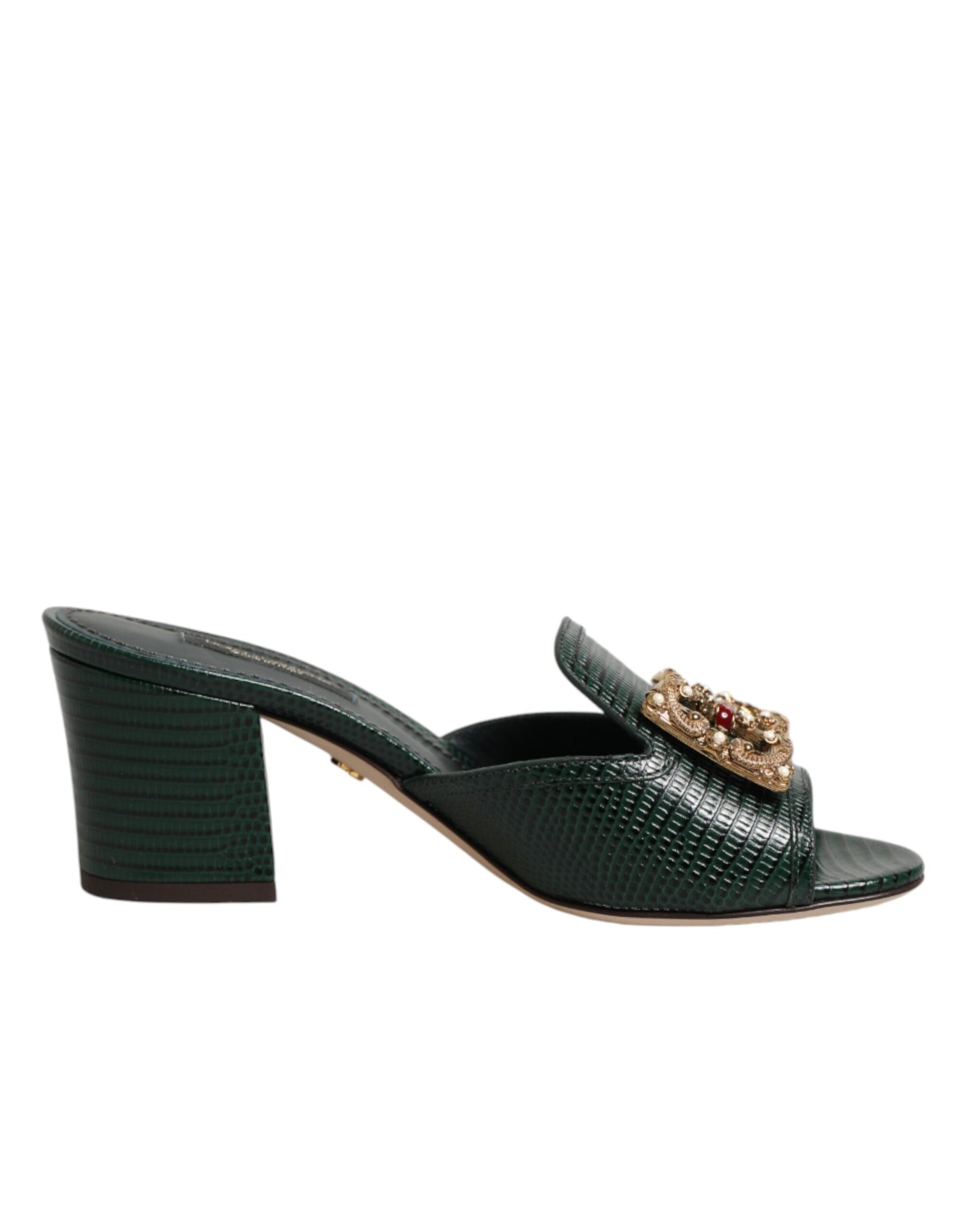 Dolce &amp; Gabbana Green DG Amore Heel Slides Sandals Shoes