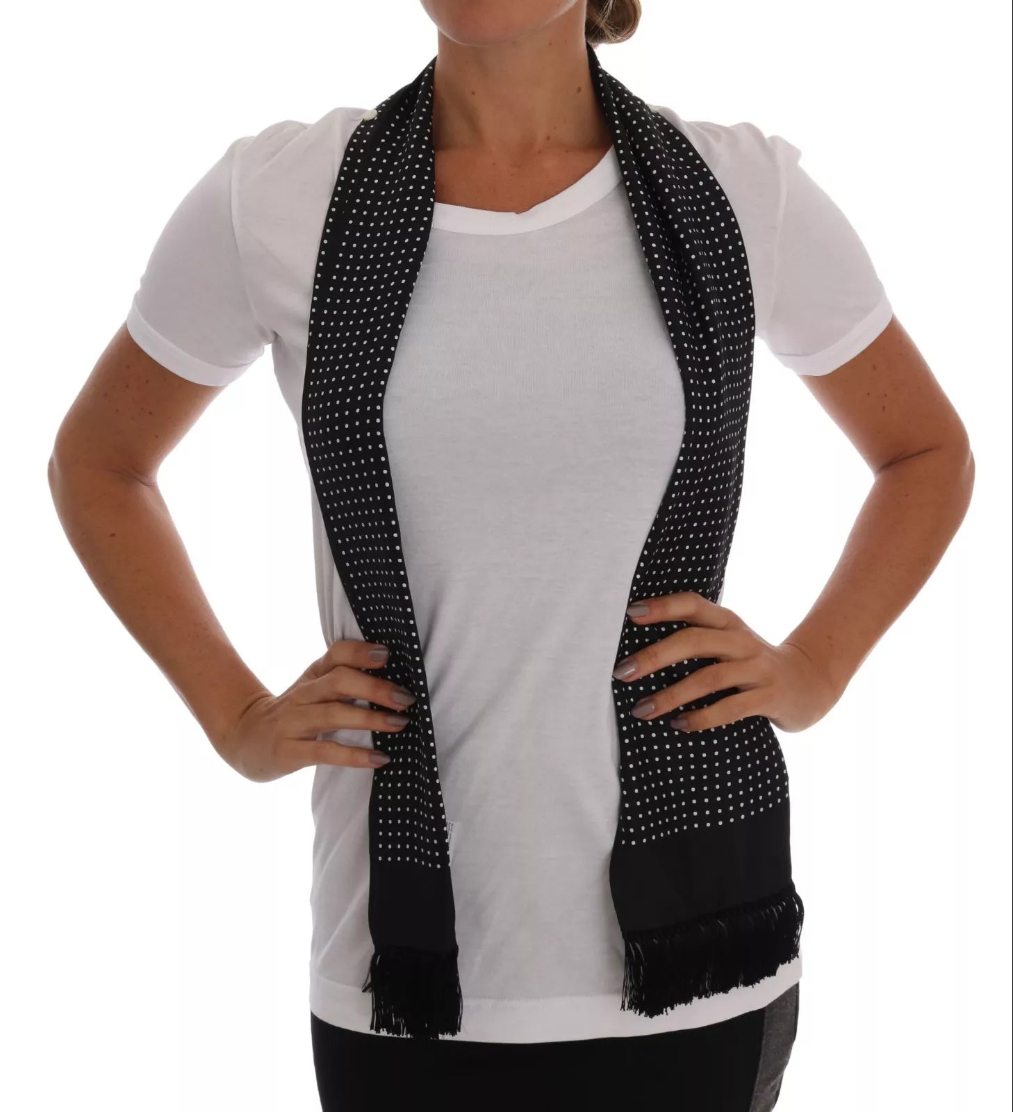 Dolce &amp; Gabbana White Cotton Black Silk Scarf Top T-shirt
