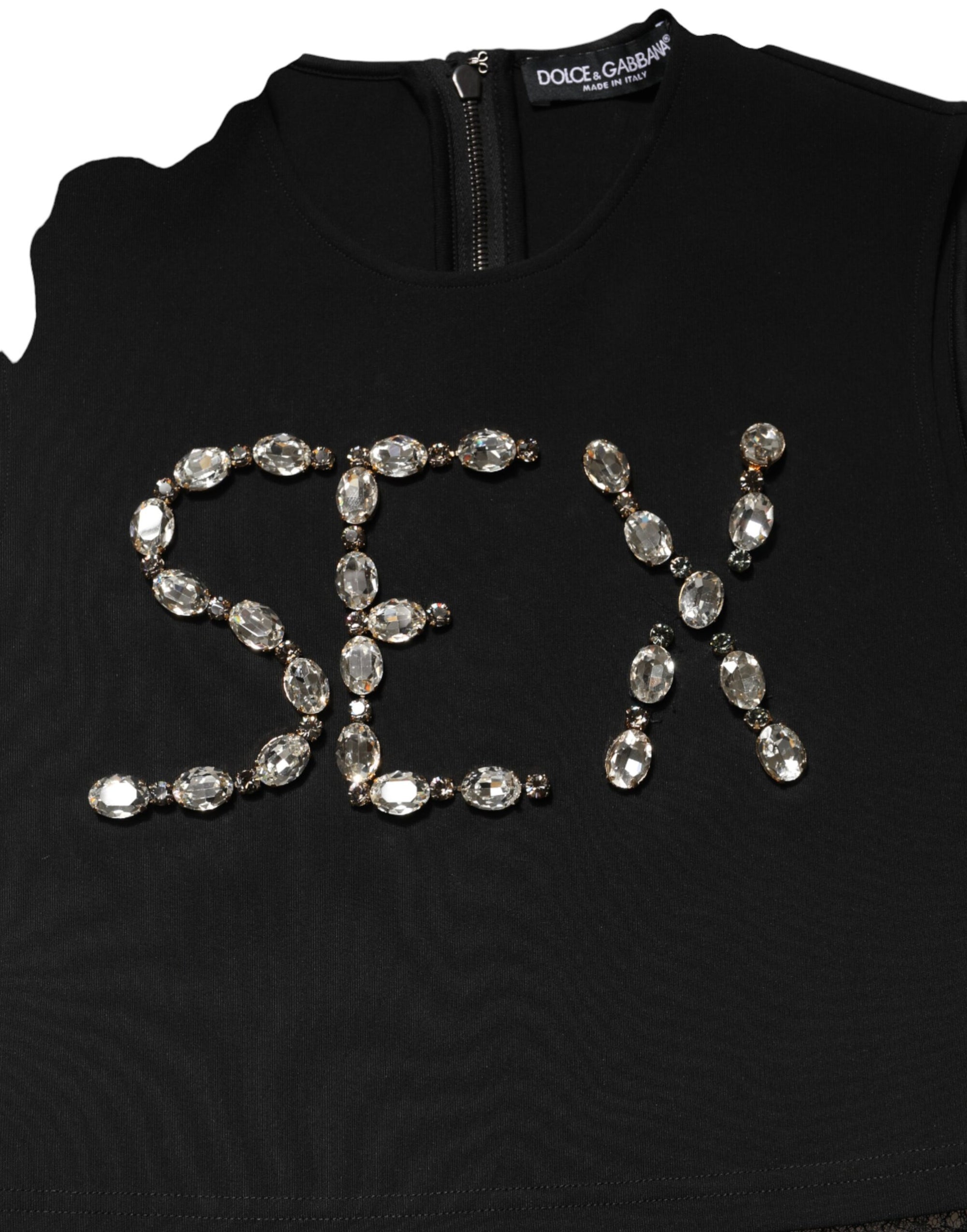 Dolce &amp; Gabbana Black Jersey Lace Ruching Rhinestone Tank Top
