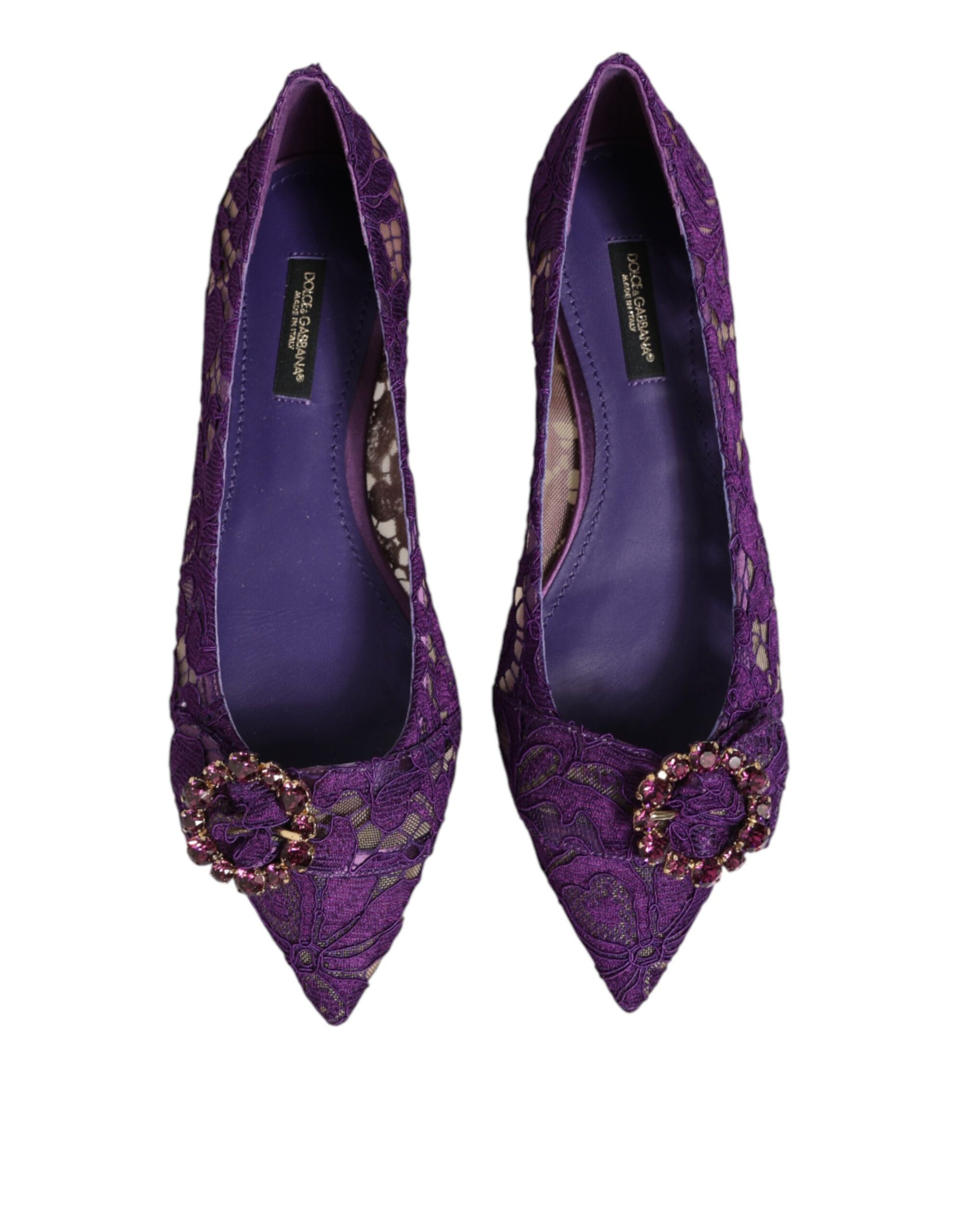 Dolce &amp; Gabbana Purple Taormina Lace Crystals Flats Shoes
