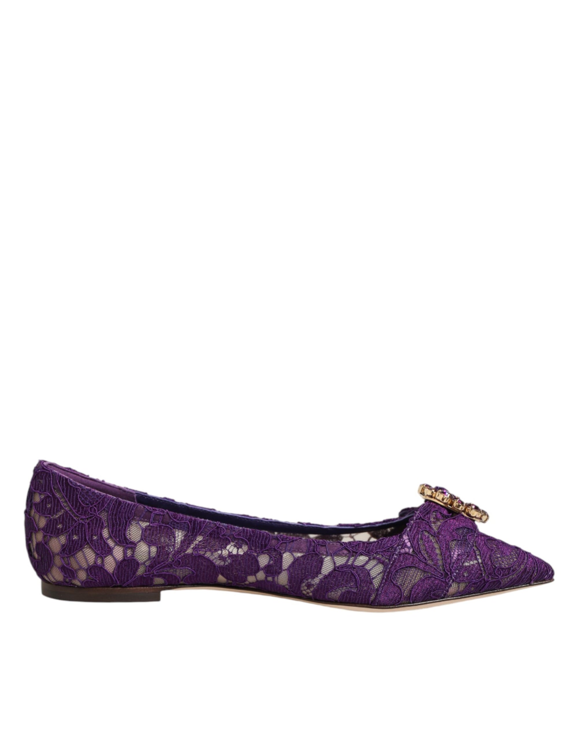 Dolce &amp; Gabbana Purple Taormina Lace Crystals Flats Shoes