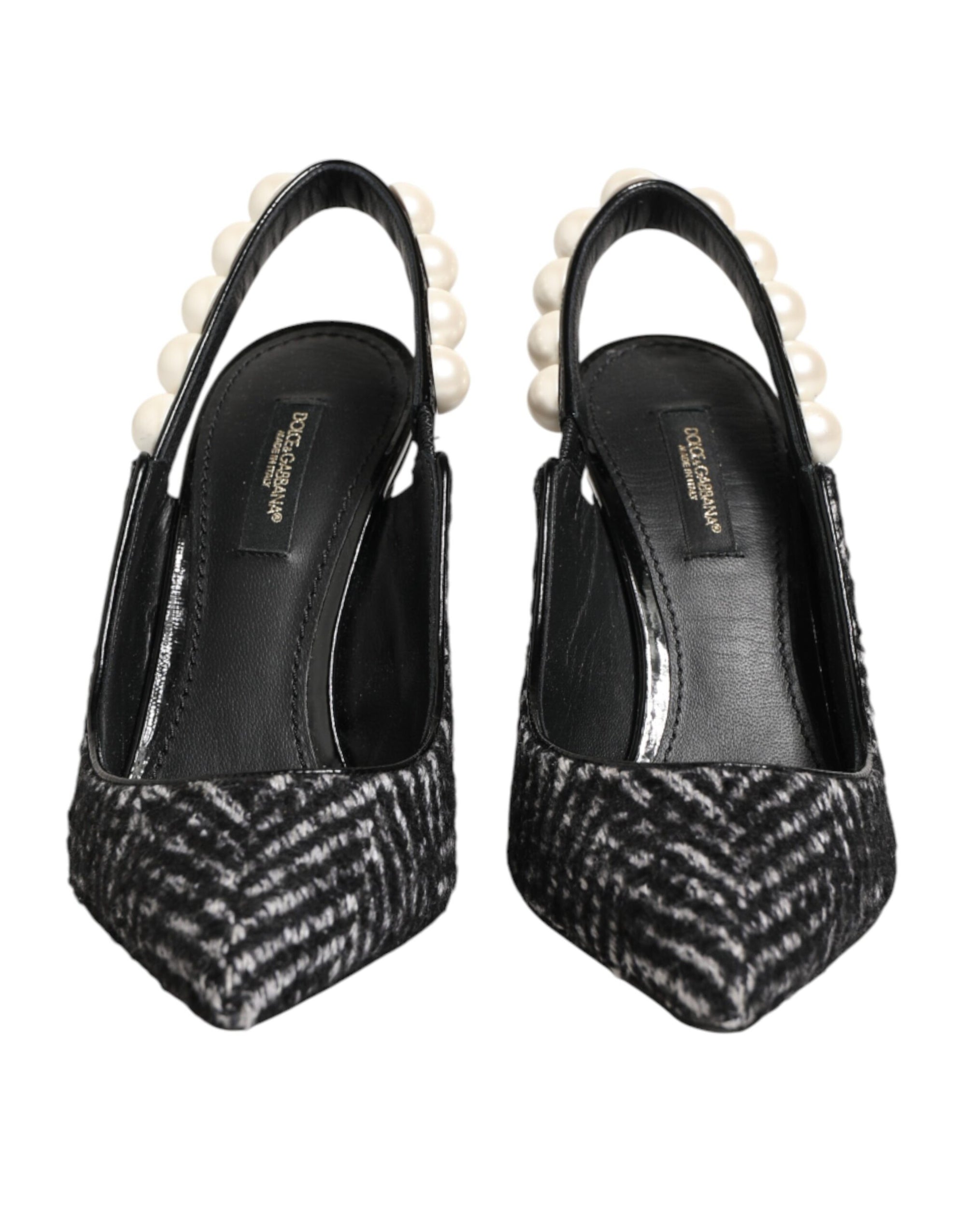 Dolce &amp; Gabbana White Black Chevron Faux Pearl Slingbacks Shoes