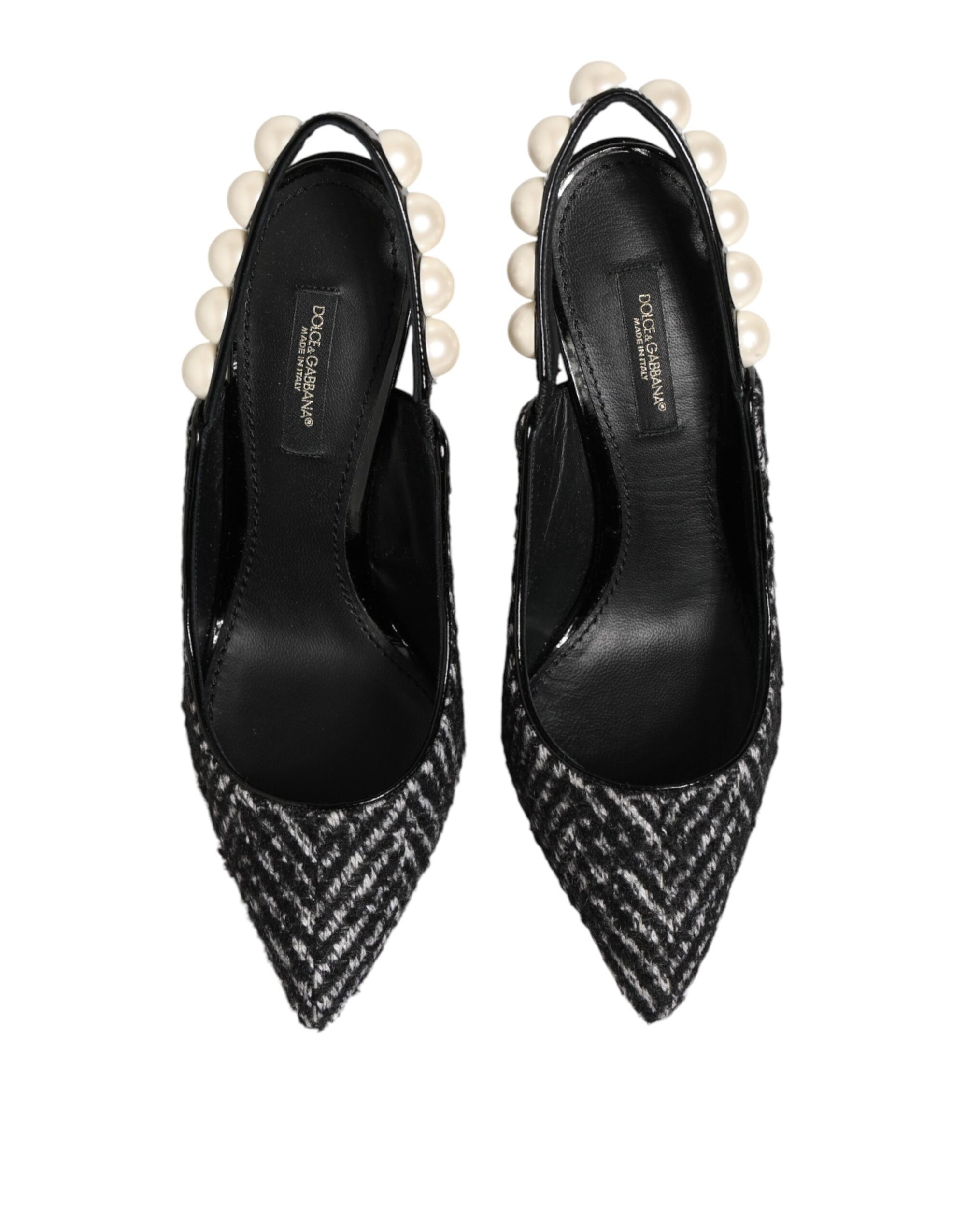 Dolce &amp; Gabbana White Black Chevron Faux Pearl Slingbacks Shoes
