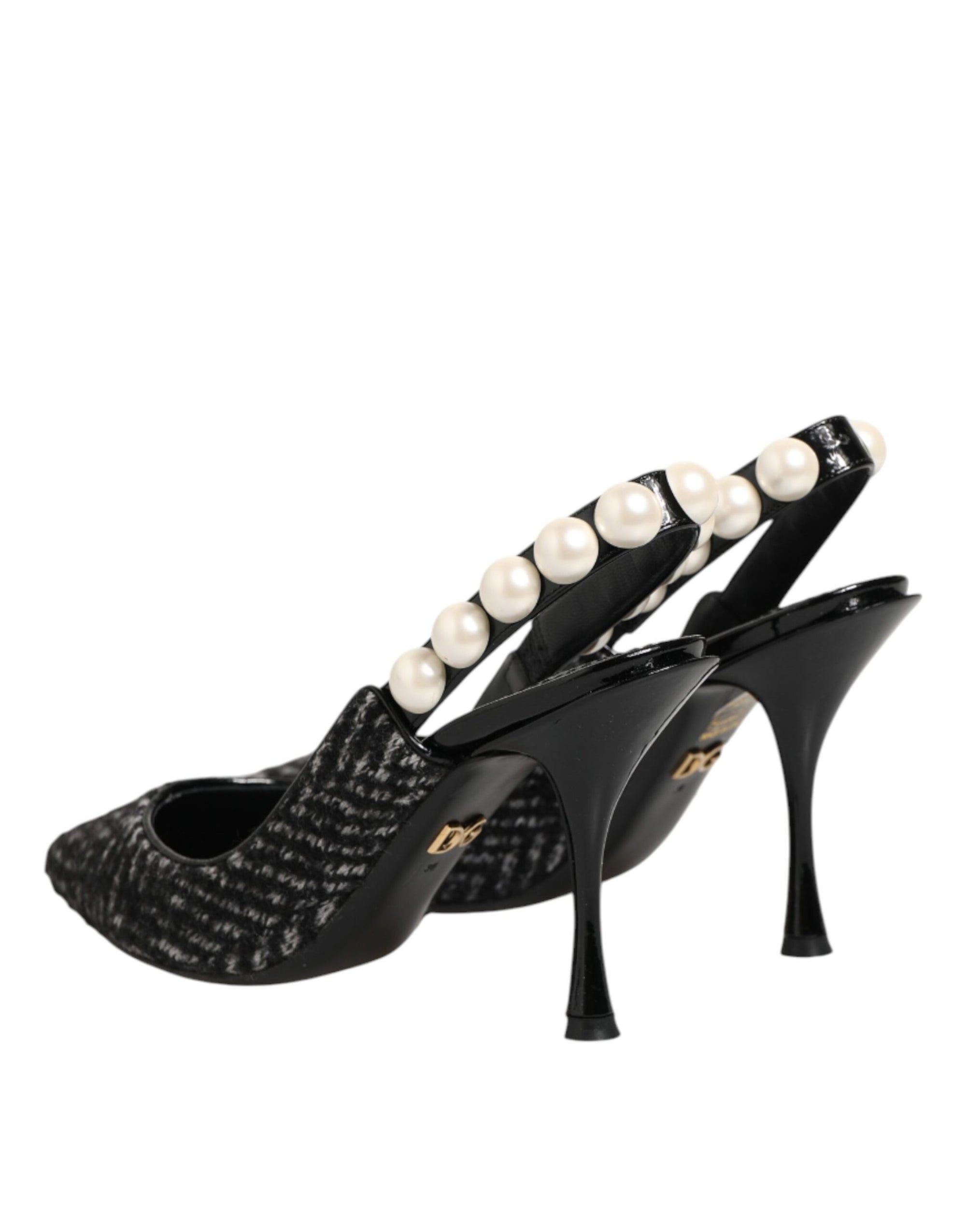 Dolce &amp; Gabbana White Black Chevron Faux Pearl Slingbacks Shoes