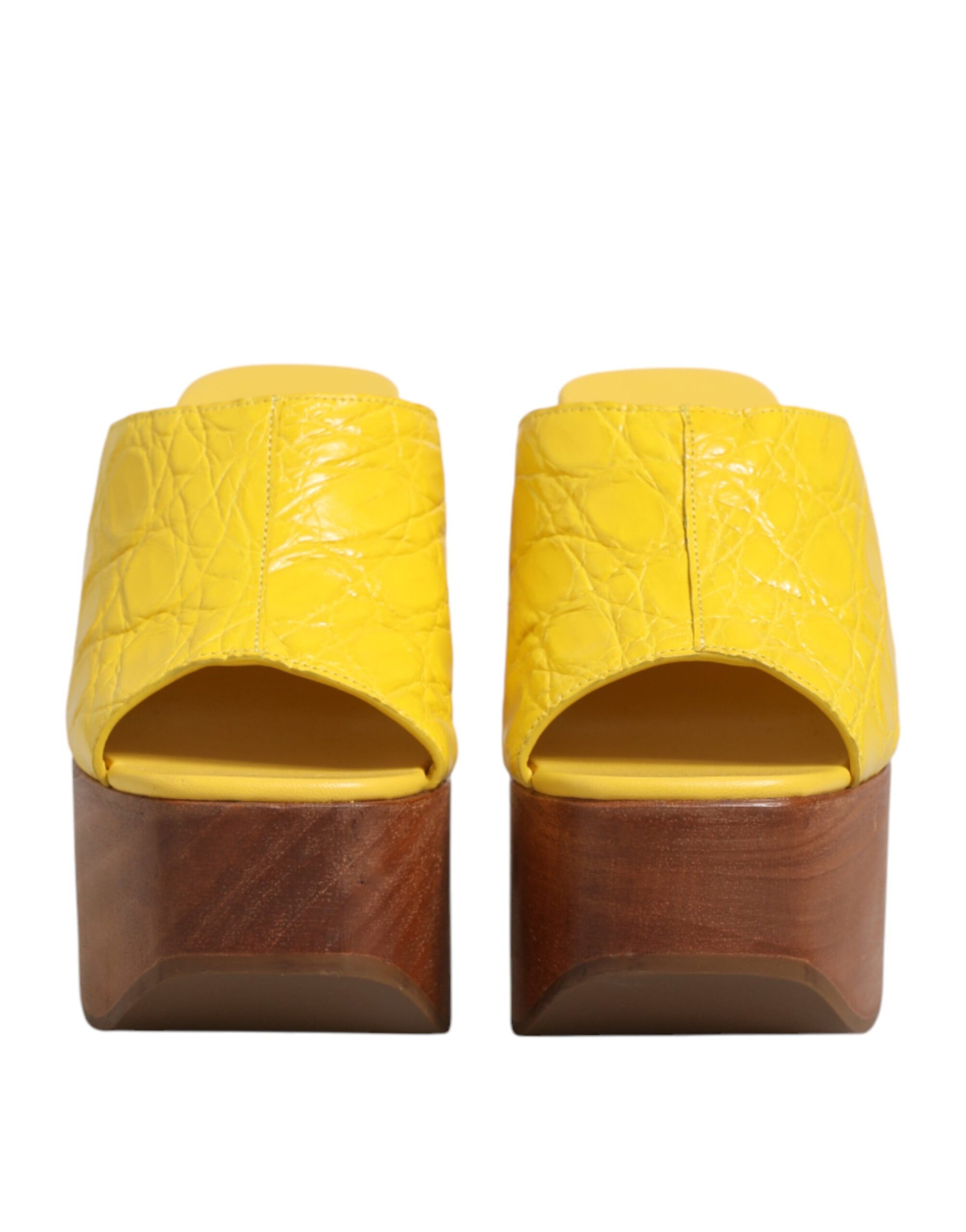 Dolce &amp; Gabbana Yellow Leather Wood Mule Wedge Slides Shoes