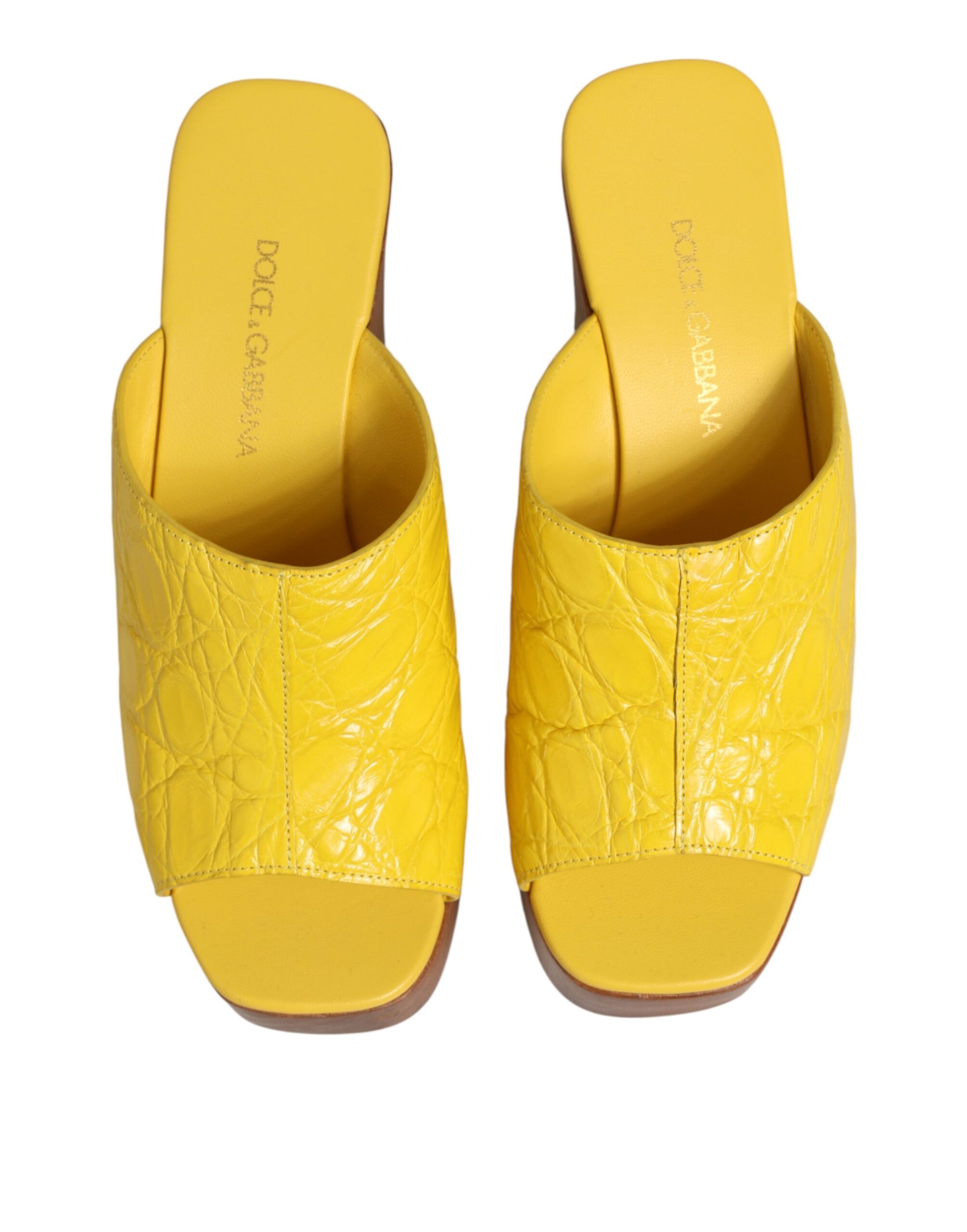 Dolce &amp; Gabbana Yellow Leather Wood Mule Wedge Slides Shoes