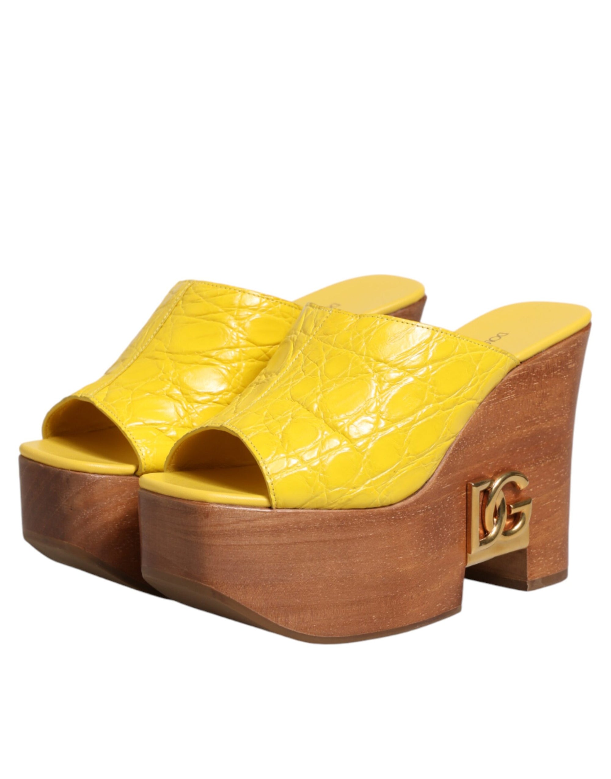 Dolce &amp; Gabbana Yellow Leather Wood Mule Wedge Slides Shoes