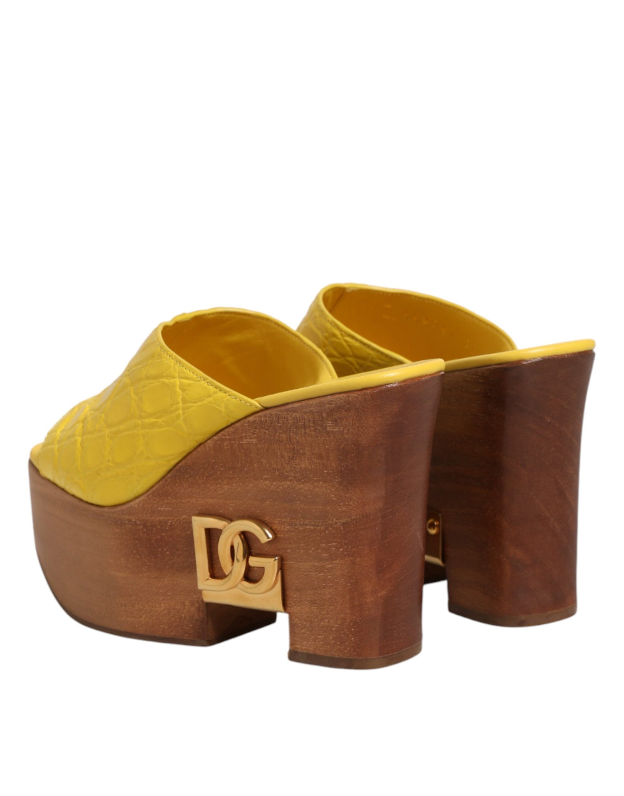 Dolce &amp; Gabbana Yellow Leather Wood Mule Wedge Slides Shoes