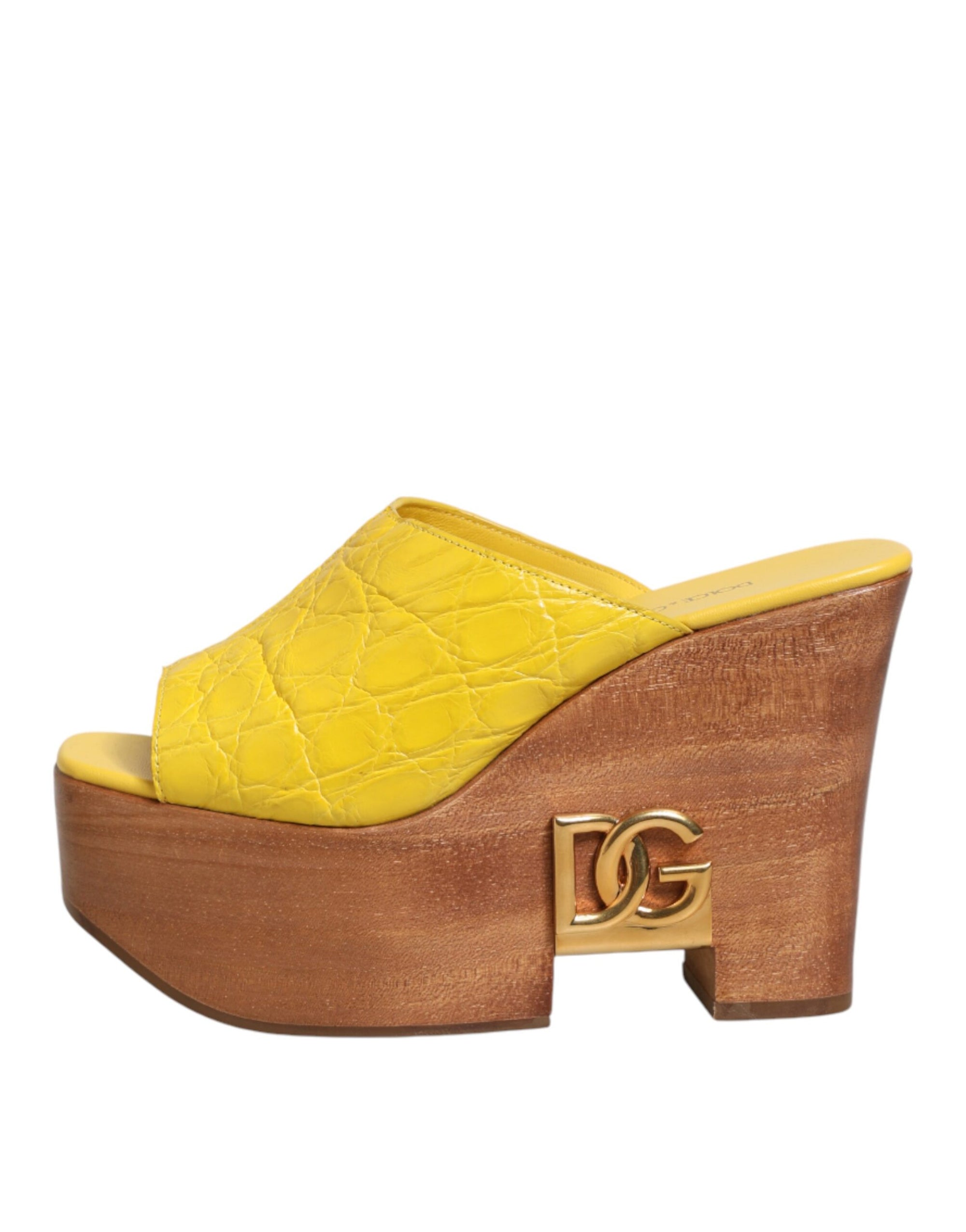 Dolce &amp; Gabbana Yellow Leather Wood Mule Wedge Slides Shoes