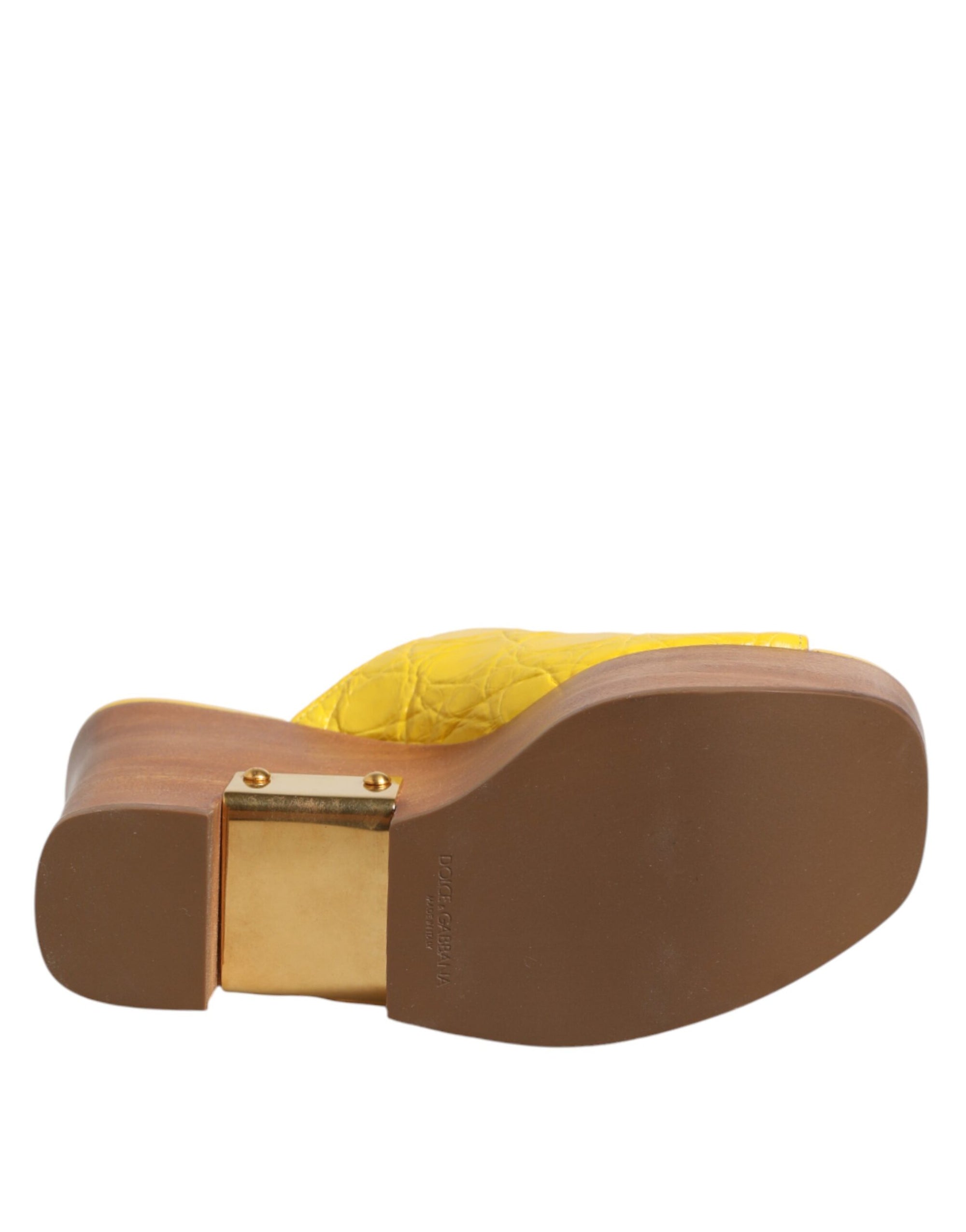 Dolce &amp; Gabbana Yellow Leather Wood Mule Wedge Slides Shoes