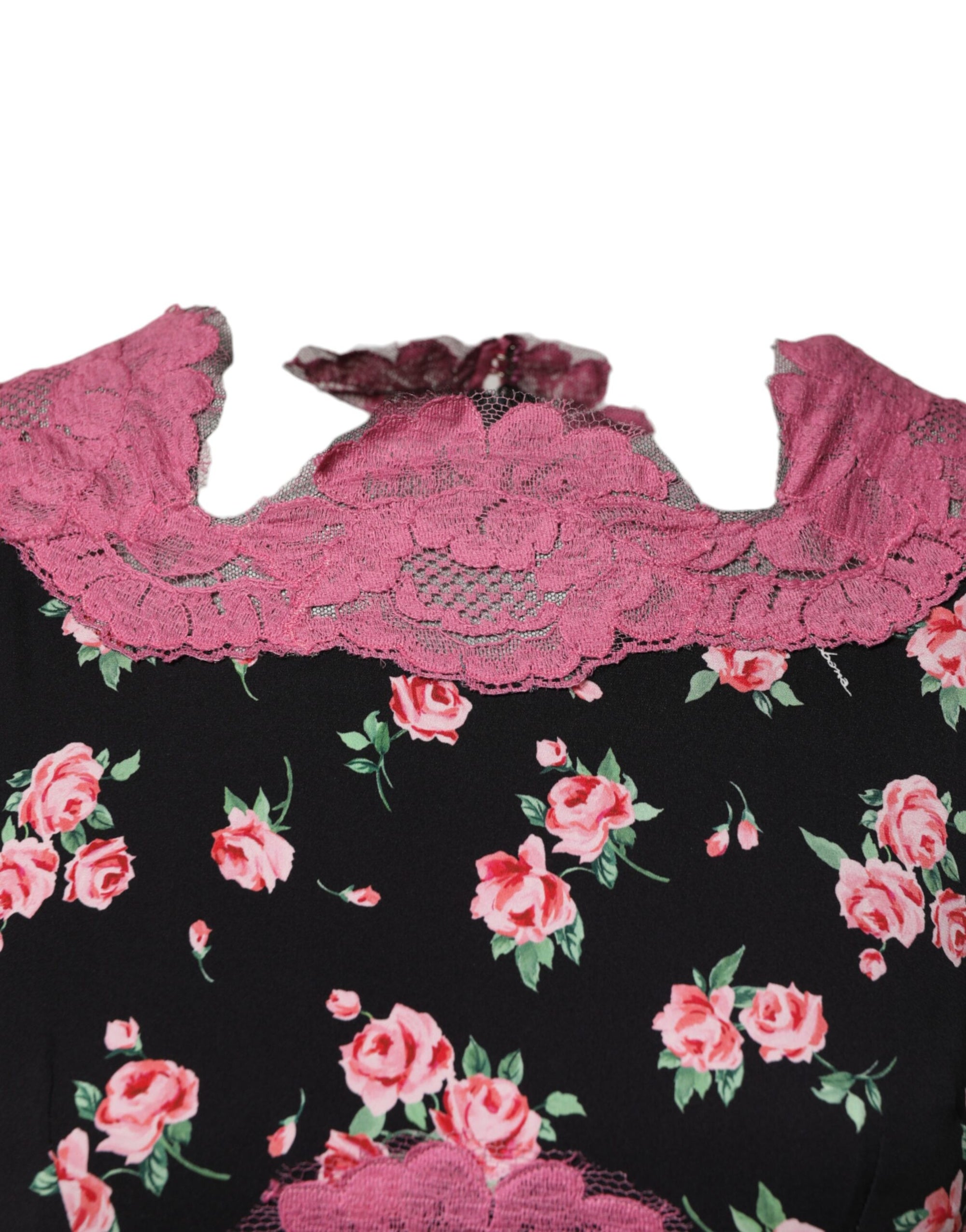 Dolce &amp; Gabbana Black Pink Floral Lace Silk Sheath Dress