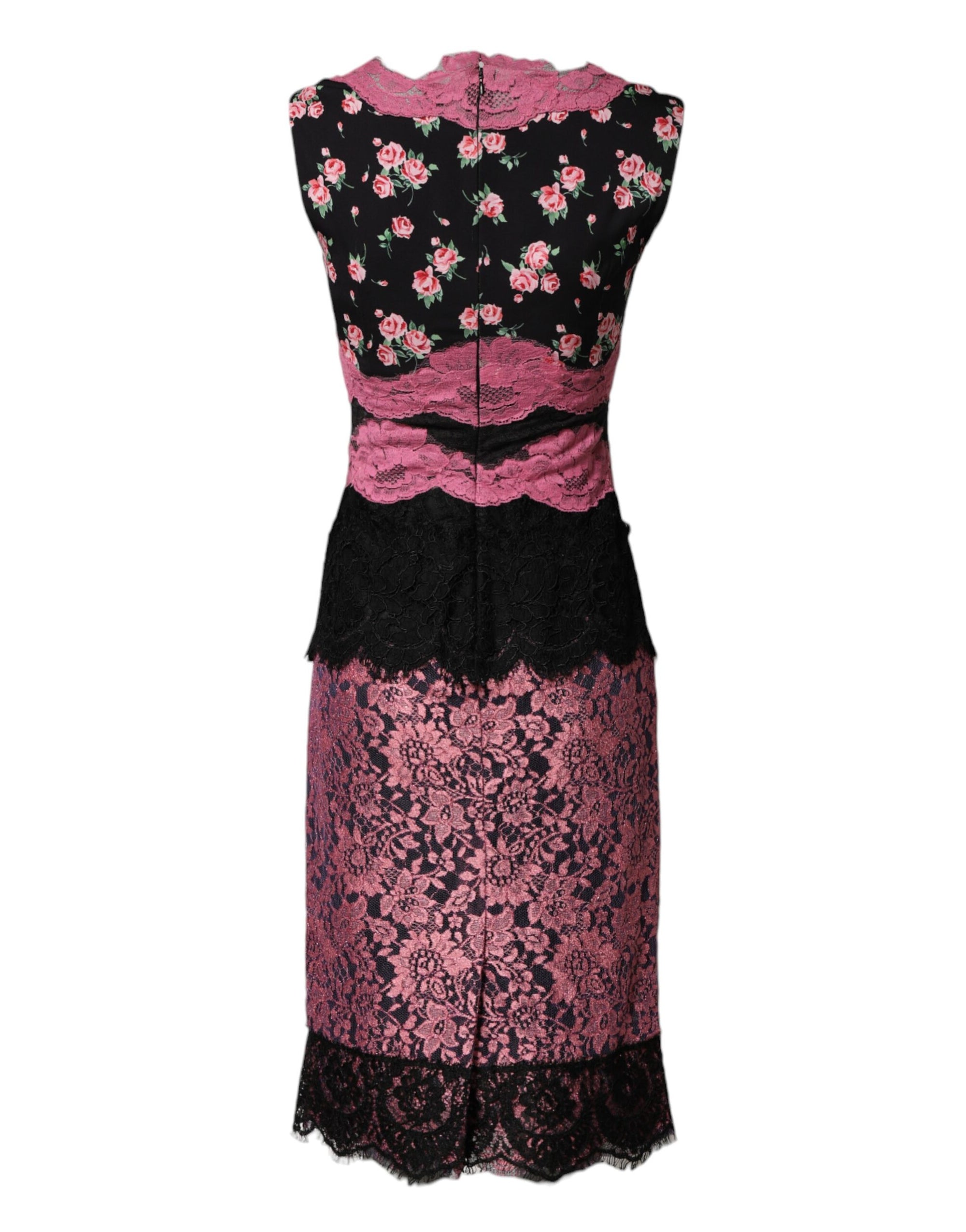 Dolce &amp; Gabbana Black Pink Floral Lace Silk Sheath Dress