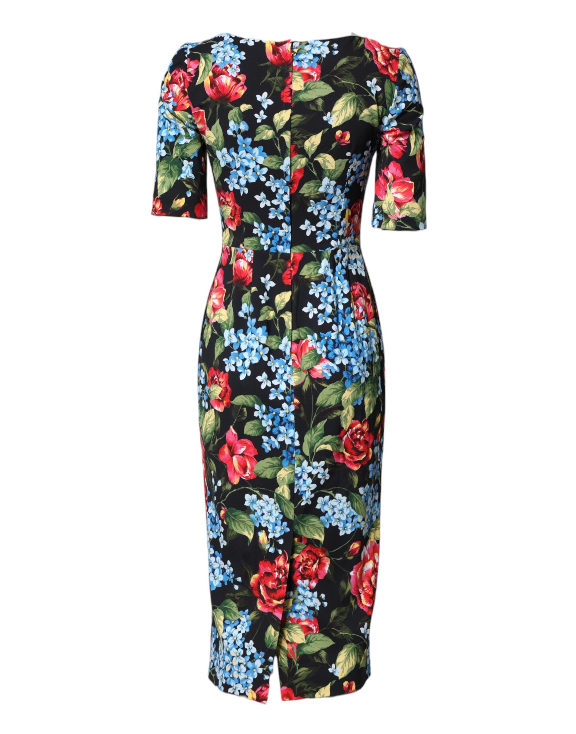 Dolce &amp; Gabbana Black Floral Print Viscose Sheath Midi Dress
