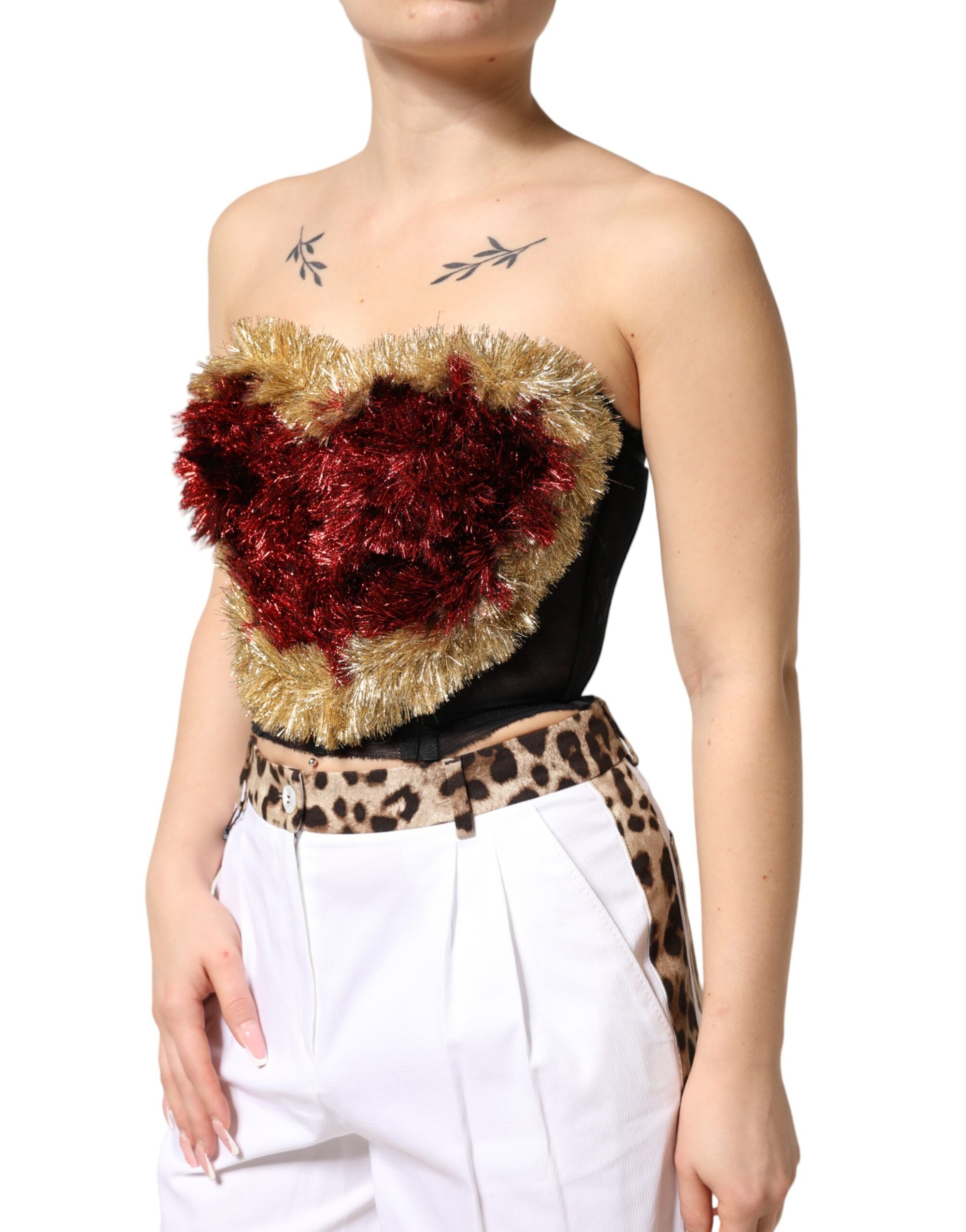 Dolce &amp; Gabbana Black Gold Heart Bustier Corset Tinsel Top