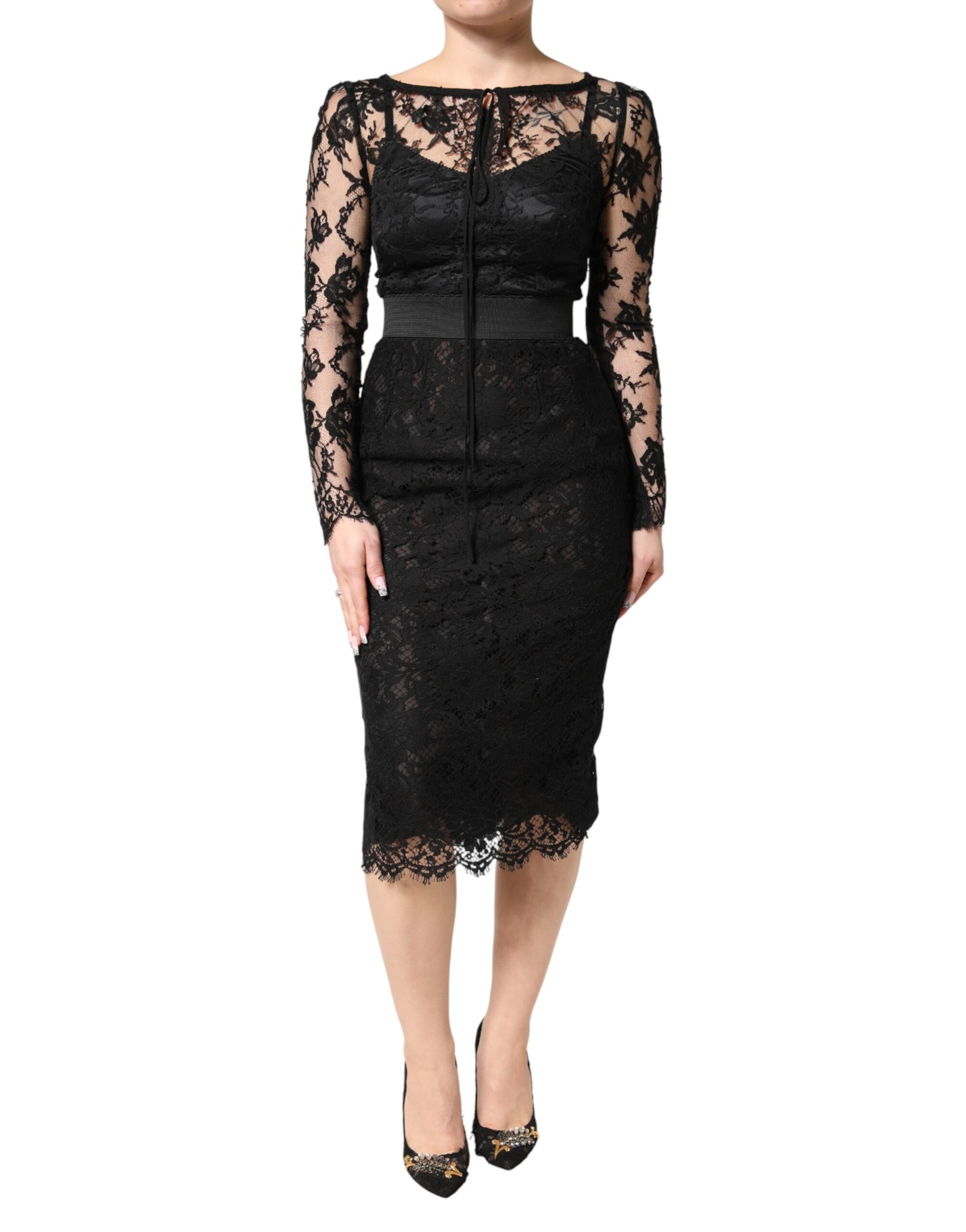 Dolce &amp; Gabbana Black Lace Trim Cotton Sheath Midi Dress