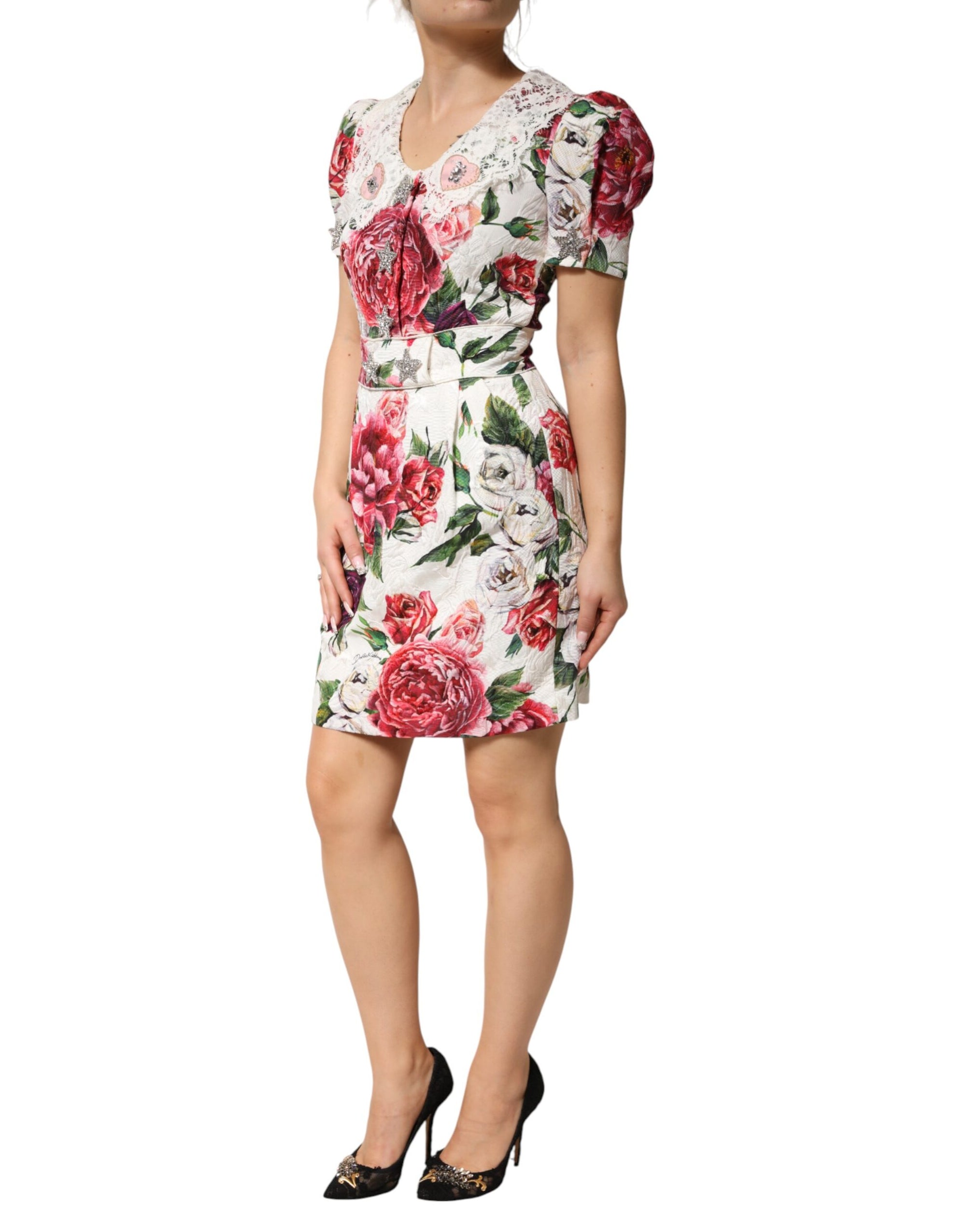 Dolce &amp; Gabbana White Floral Embellished Sheath Mini Dress