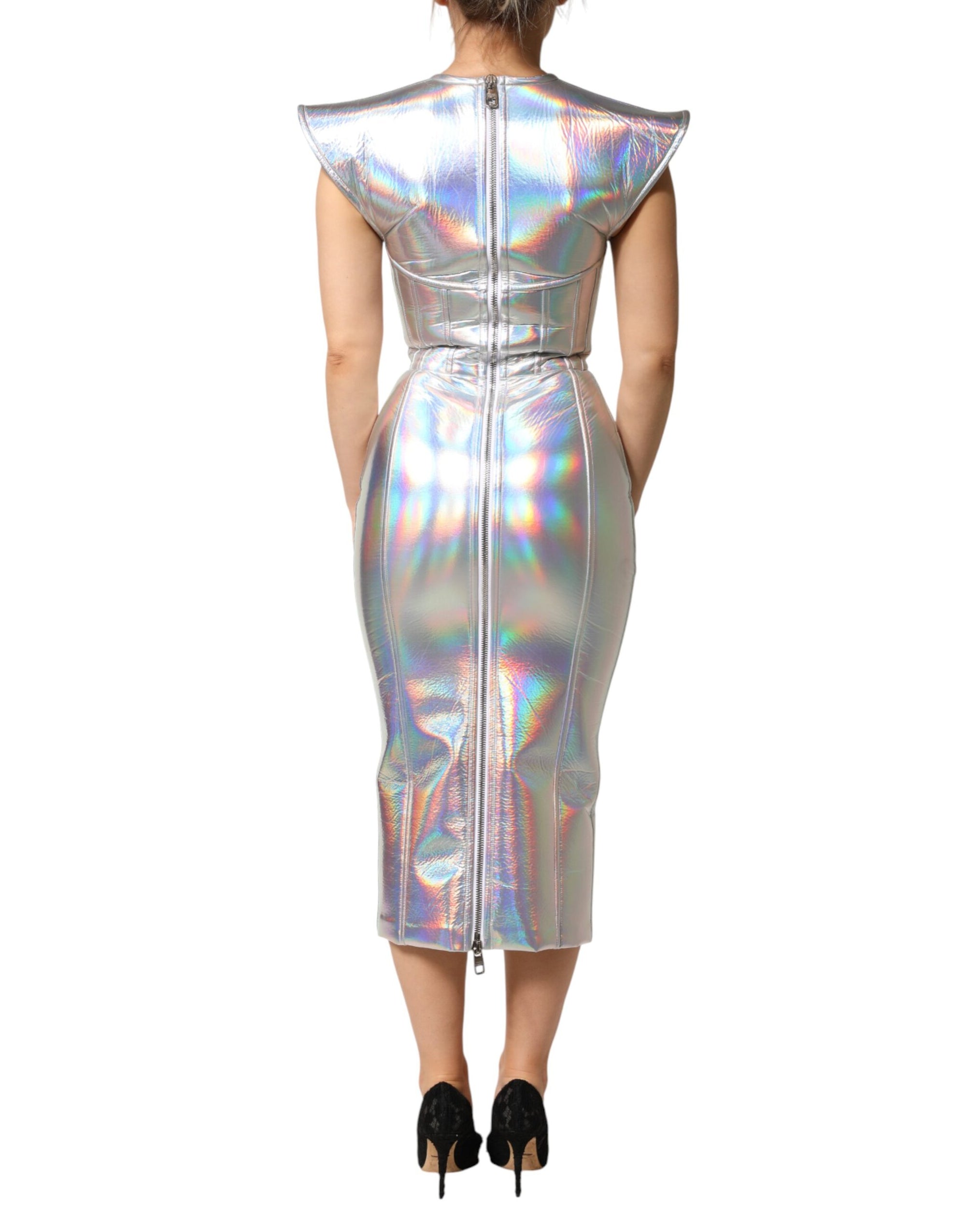 Dolce &amp; Gabbana Silver Iridescent Bodycon Sheath Midi Dress