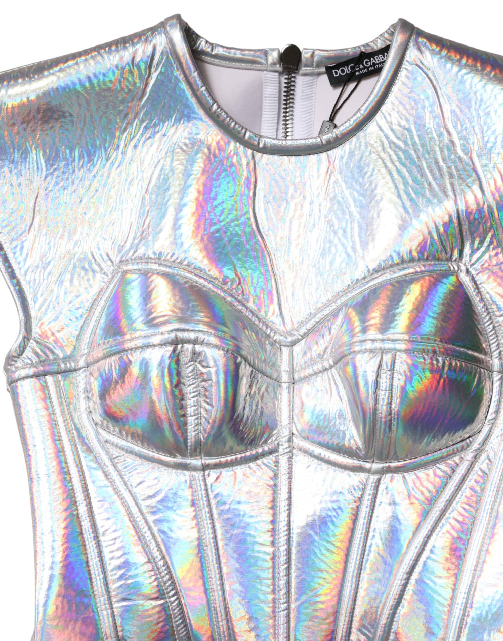 Dolce &amp; Gabbana Silver Iridescent Bodycon Sheath Midi Dress